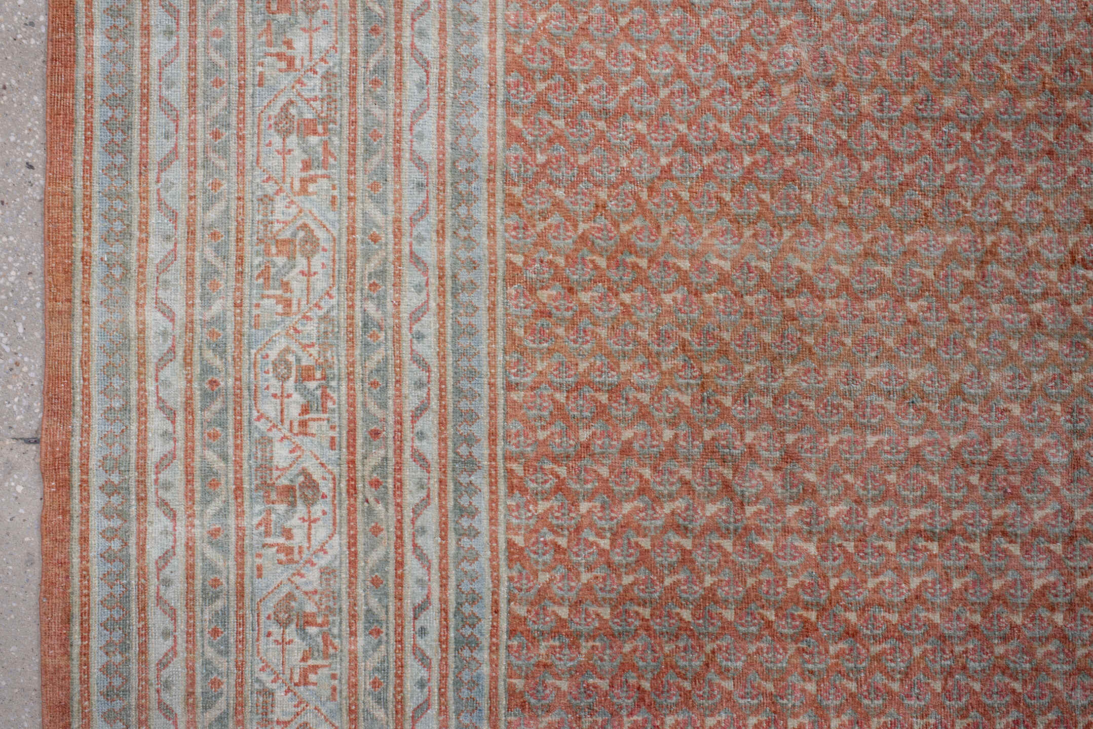 8' x 12' one-of-a-kind handmade antique Saraband large size rug. Color palette: terra cotta, ivory, rose, taupe, rust