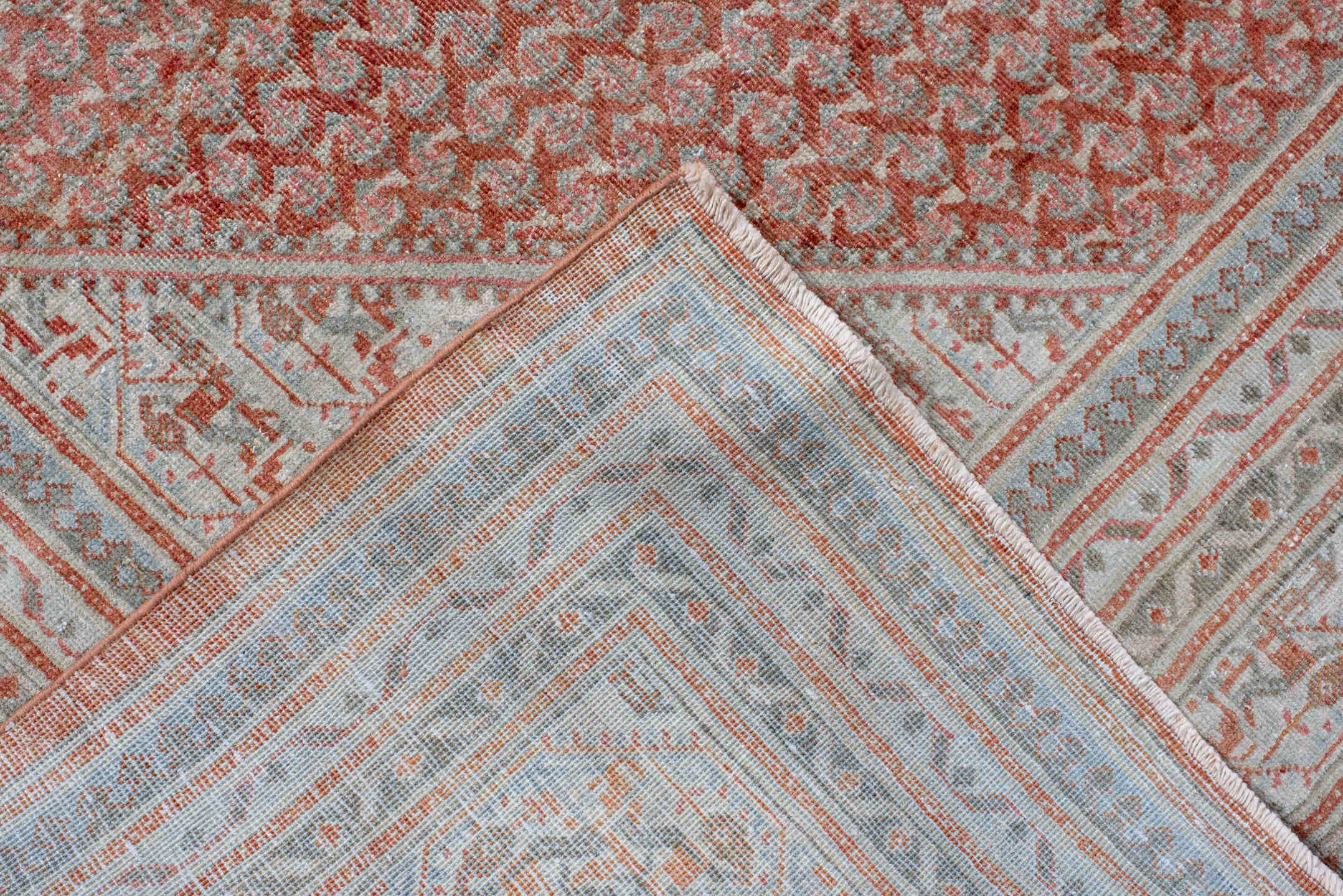 8' x 12' one-of-a-kind handmade antique Saraband large size rug. Color palette: terra cotta, ivory, rose, taupe, rust