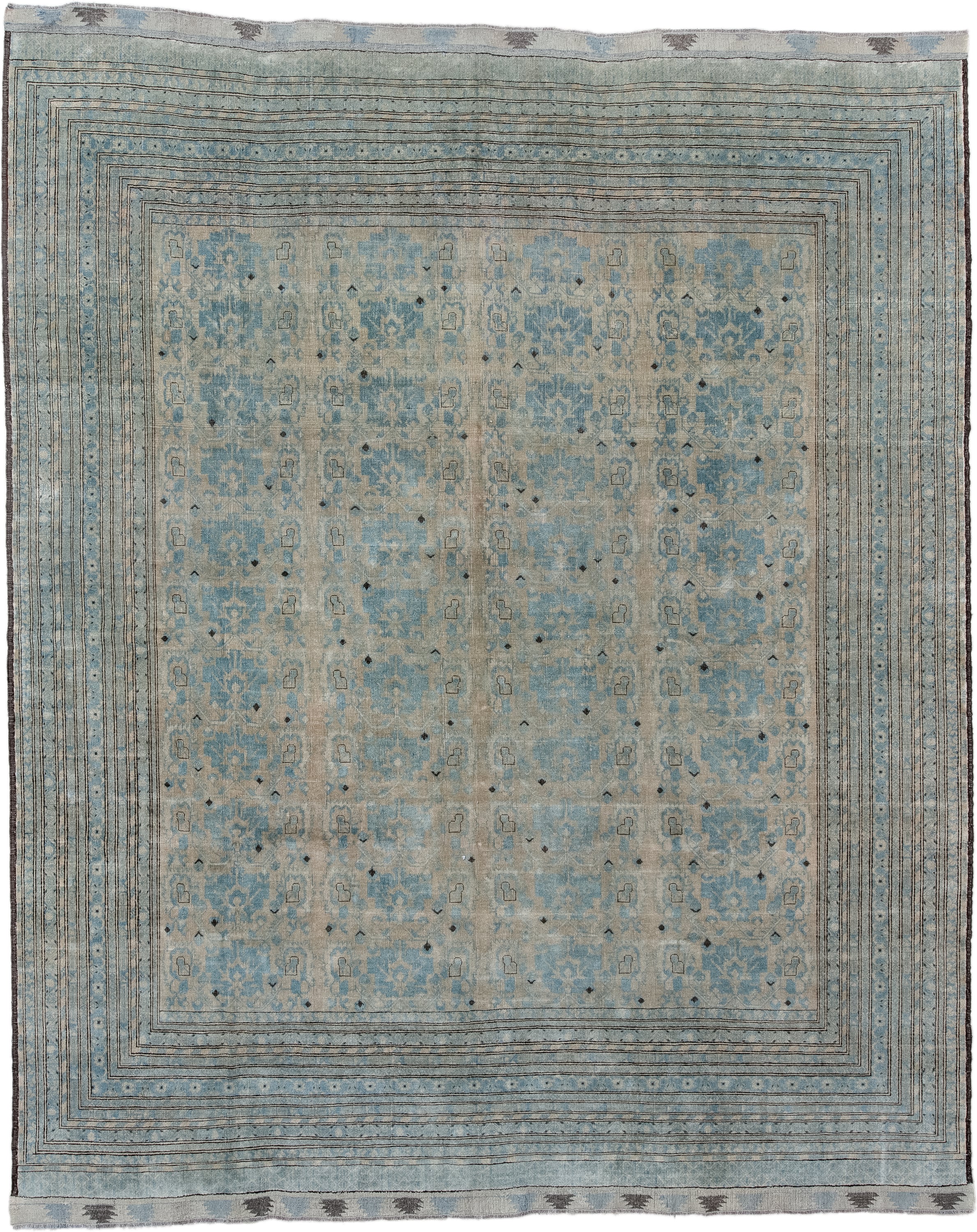 8' x 10' one-of-a-kind handmade vintage Afghan large size rug. Color palette: pale blue, ivory, taupe, charcoal, slate