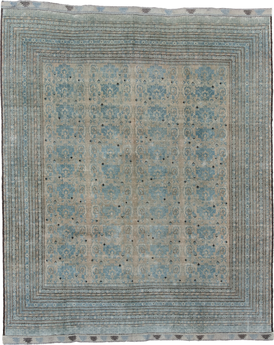 8' x 10' one-of-a-kind handmade vintage Afghan large size rug. Color palette: pale blue, ivory, taupe, charcoal, slate