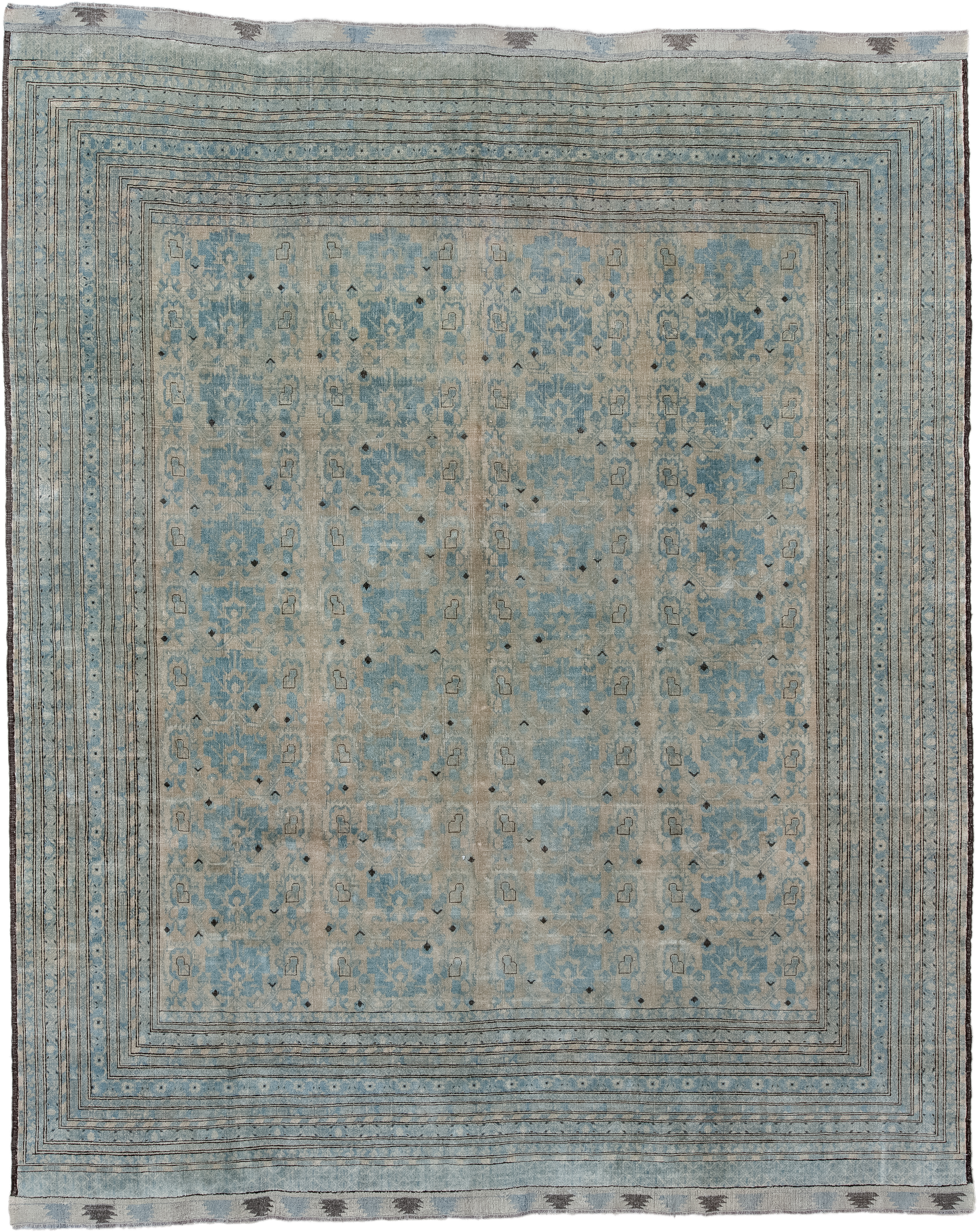 8' x 10' one-of-a-kind handmade vintage Afghan large size rug. Color palette: pale blue, ivory, taupe, charcoal, slate