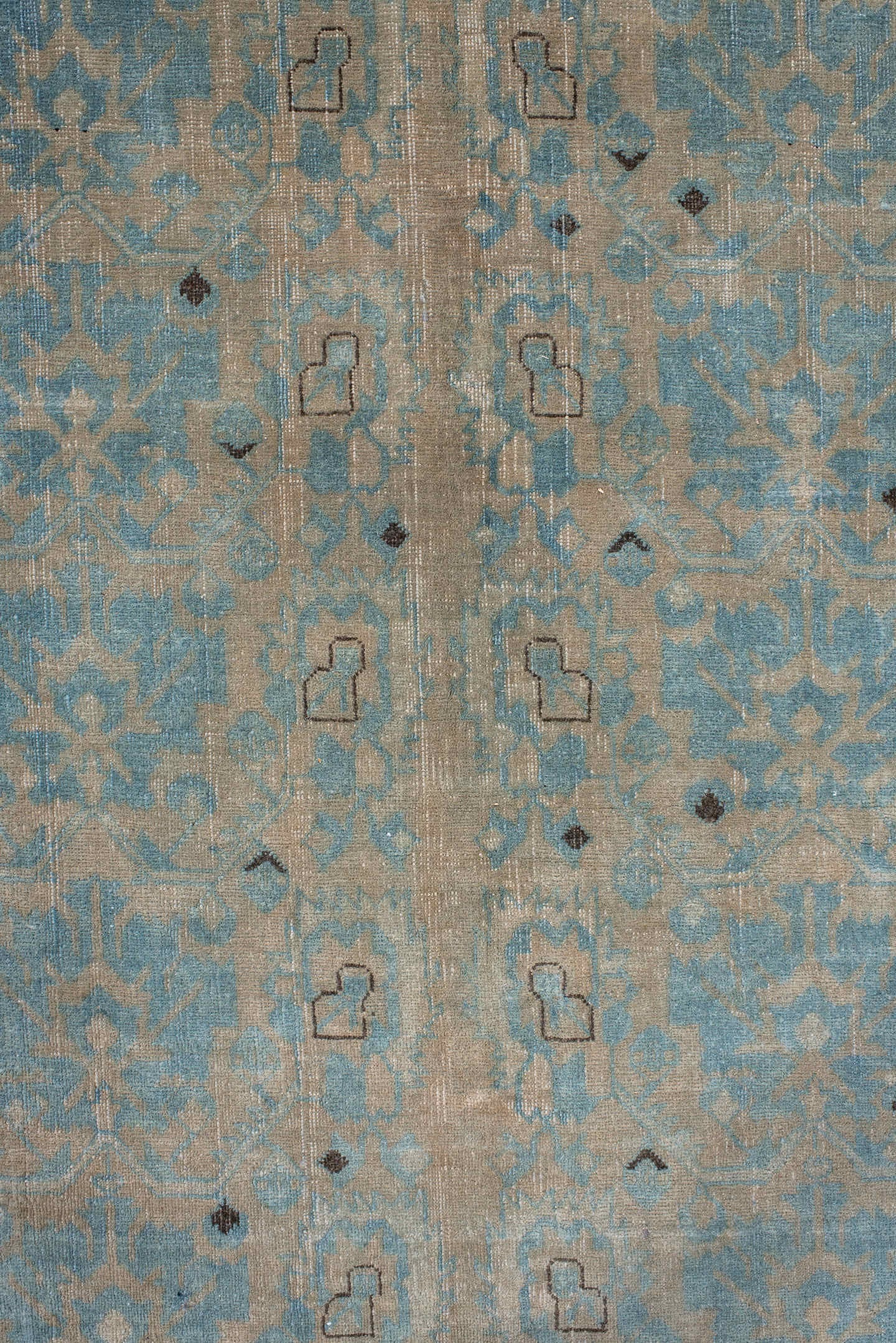 8' x 10' one-of-a-kind handmade vintage Afghan large size rug. Color palette: pale blue, ivory, taupe, charcoal, slate