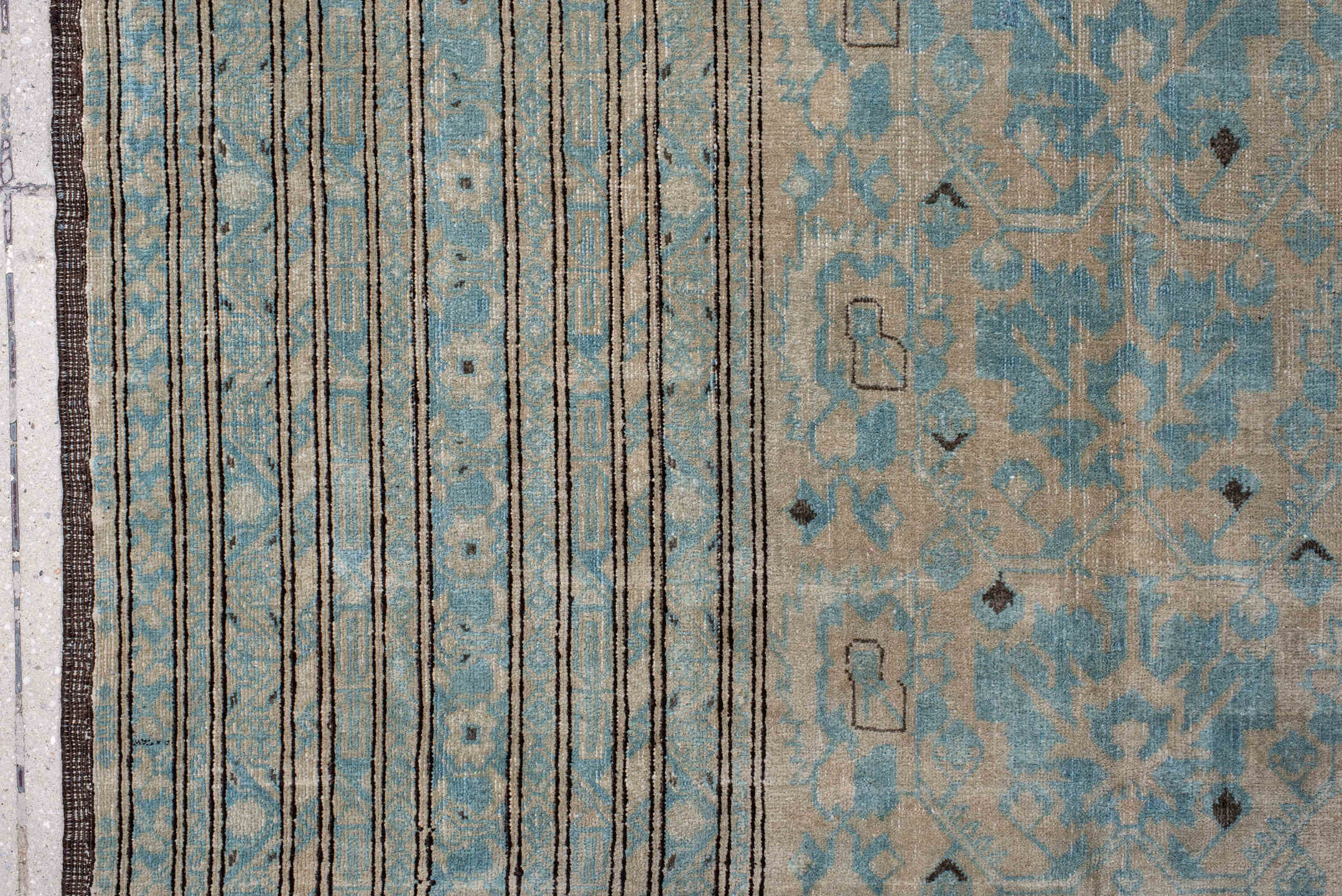 8' x 10' one-of-a-kind handmade vintage Afghan large size rug. Color palette: pale blue, ivory, taupe, charcoal, slate