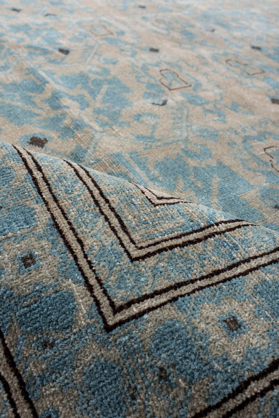 8' x 10' one-of-a-kind handmade vintage Afghan large size rug. Color palette: pale blue, ivory, taupe, charcoal, slate