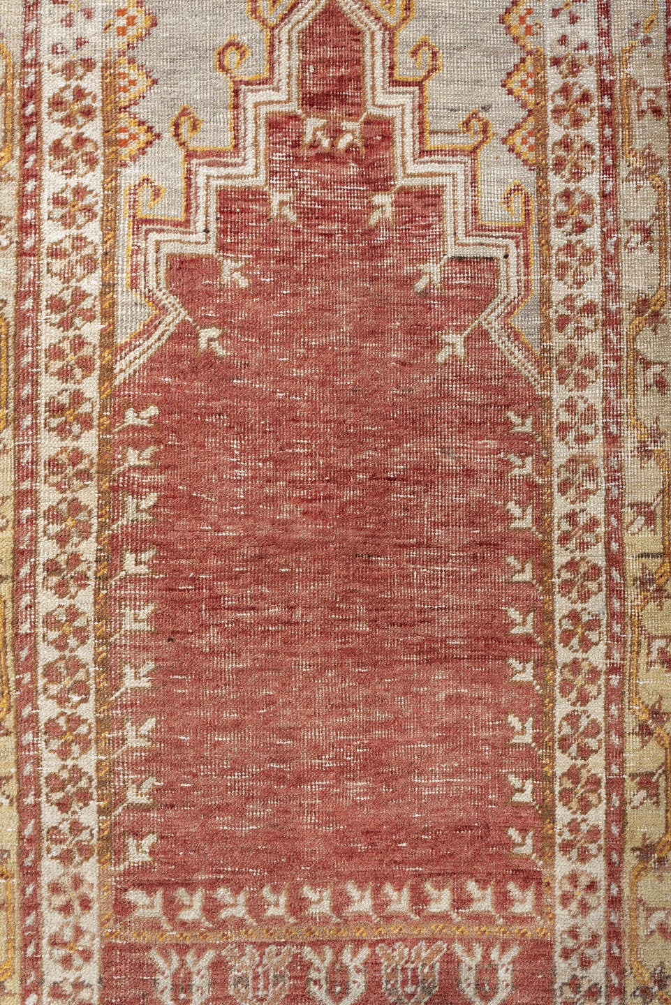 3' x 6' one-of-a-kind handmade antique Anatolian rug. Color palette: terracotta, ivory, ochre, camel, rust, taupe, brown