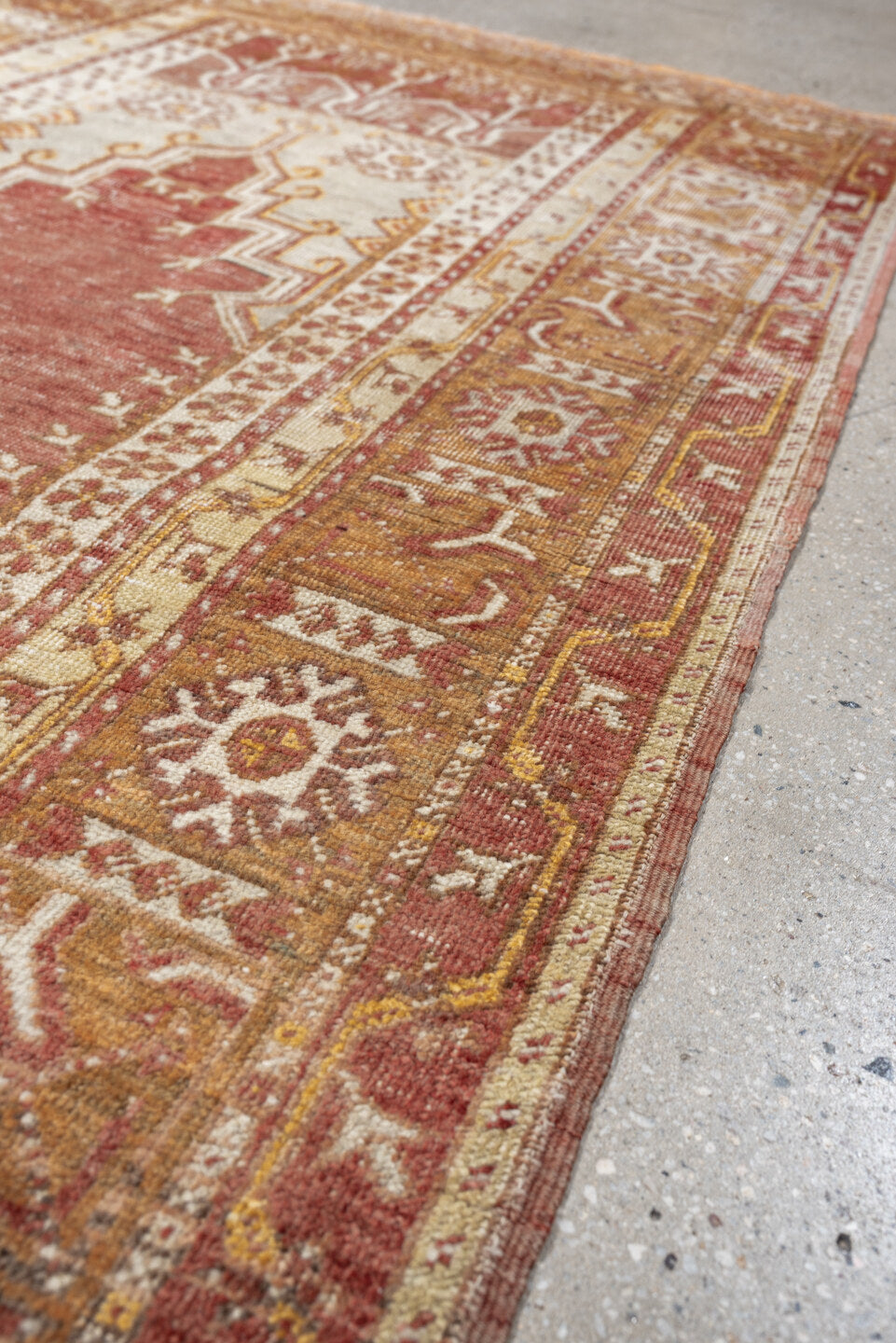 3' x 6' one-of-a-kind handmade antique Anatolian rug. Color palette: terracotta, ivory, ochre, camel, rust, taupe, brown