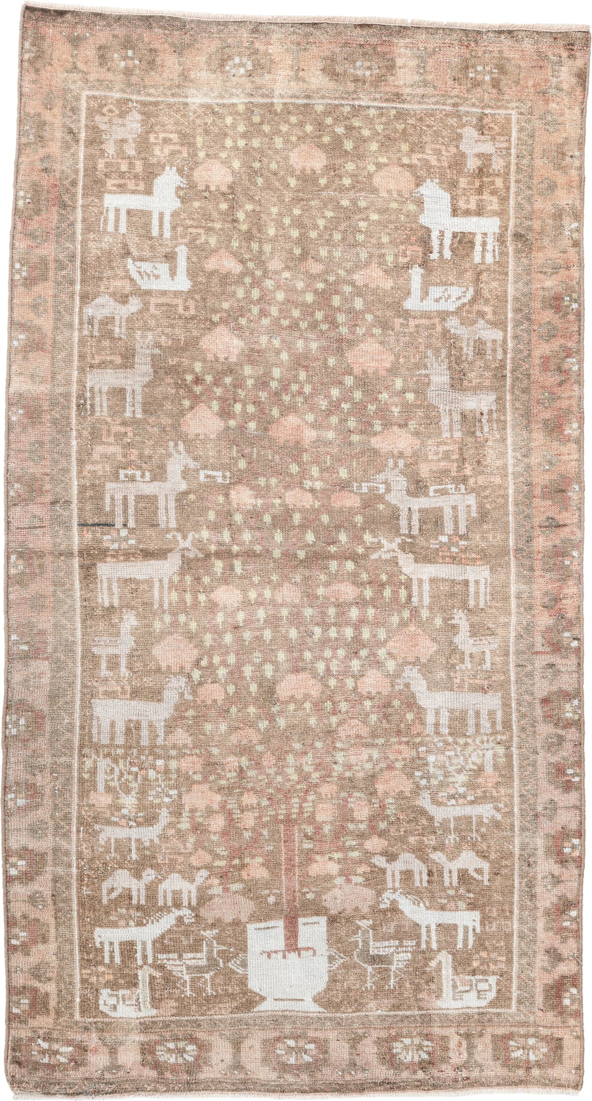 2' x 5' one-of-a-kind handmade vintage Belouch small size rug. Color palette: taupe, ivory, rose, camel, sage, rust, beige