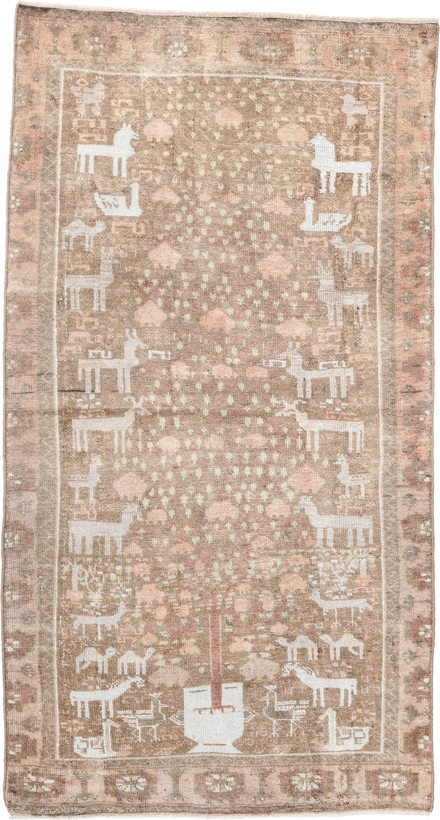 2' x 5' one-of-a-kind handmade vintage Belouch small size rug. Color palette: taupe, ivory, rose, camel, sage, rust, beige