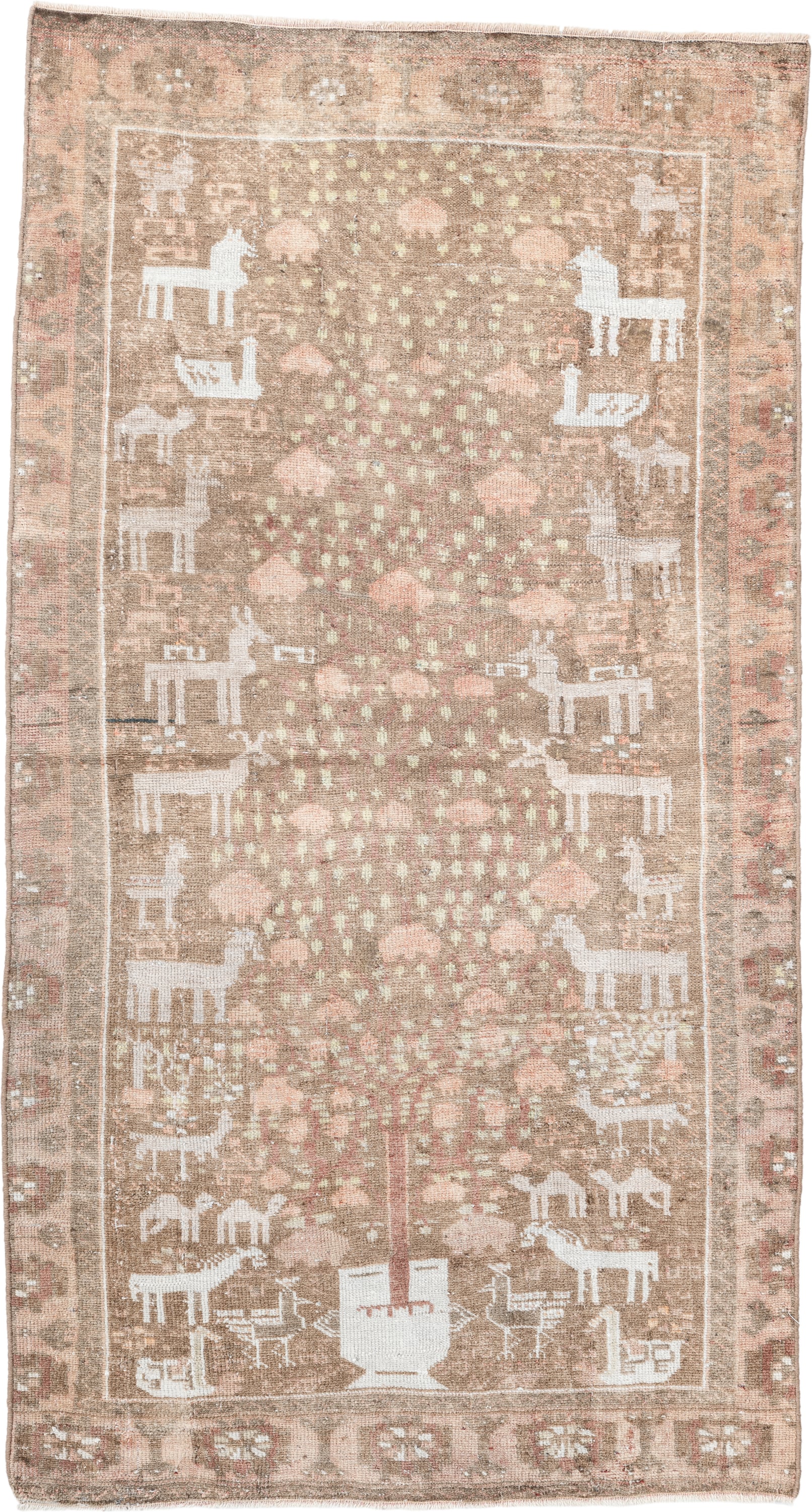 2' x 5' one-of-a-kind handmade vintage Belouch small size rug. Color palette: taupe, ivory, rose, camel, sage, rust, beige