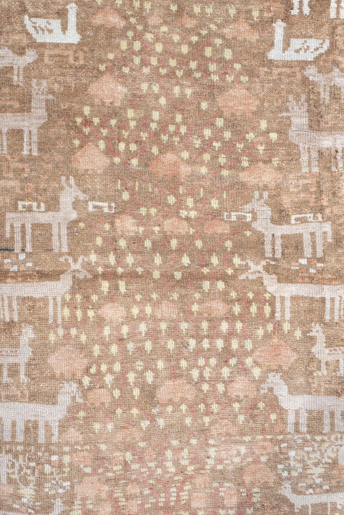 2' x 5' one-of-a-kind handmade vintage Belouch small size rug. Color palette: taupe, ivory, rose, camel, sage, rust, beige