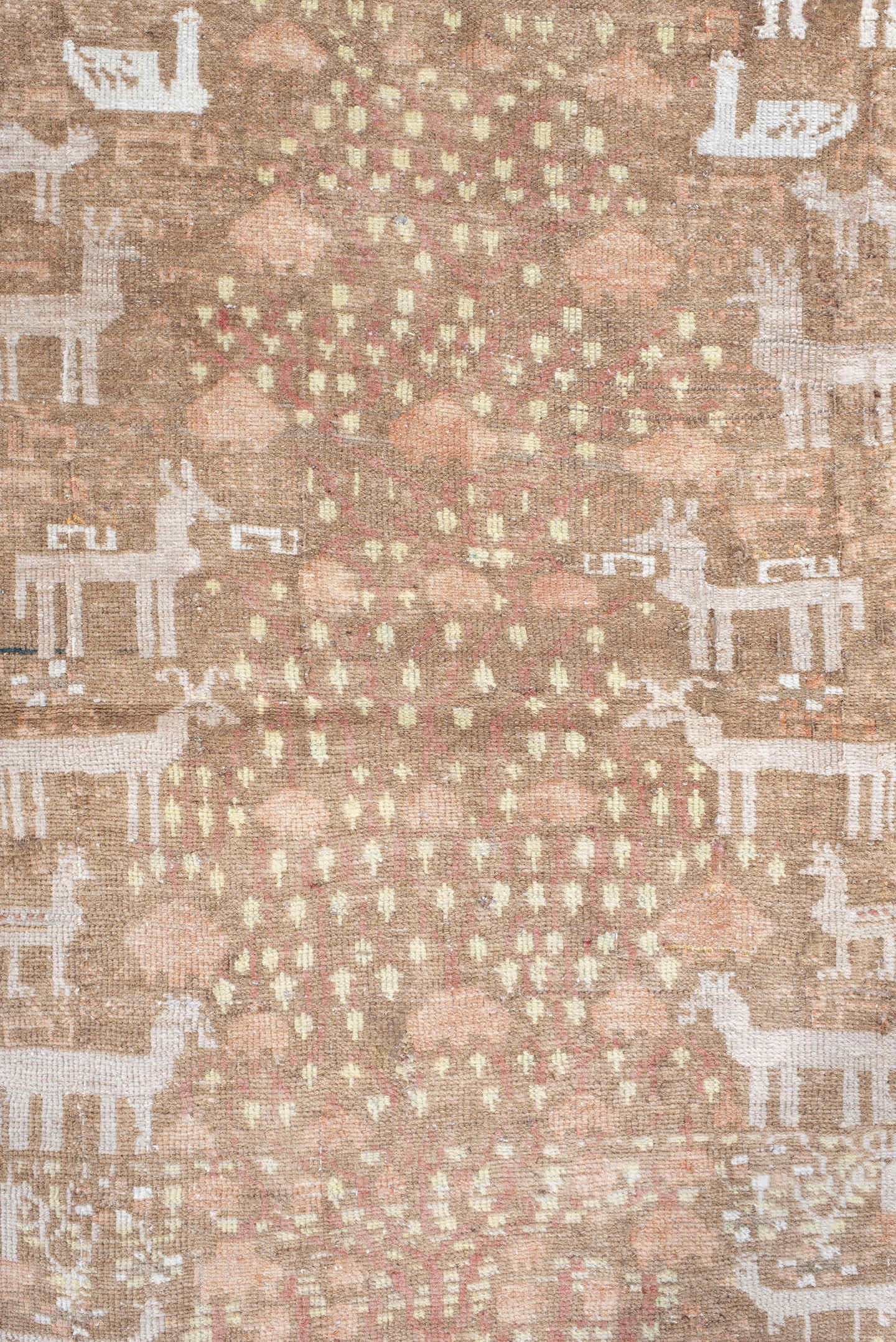 2' x 5' one-of-a-kind handmade vintage Belouch small size rug. Color palette: taupe, ivory, rose, camel, sage, rust, beige