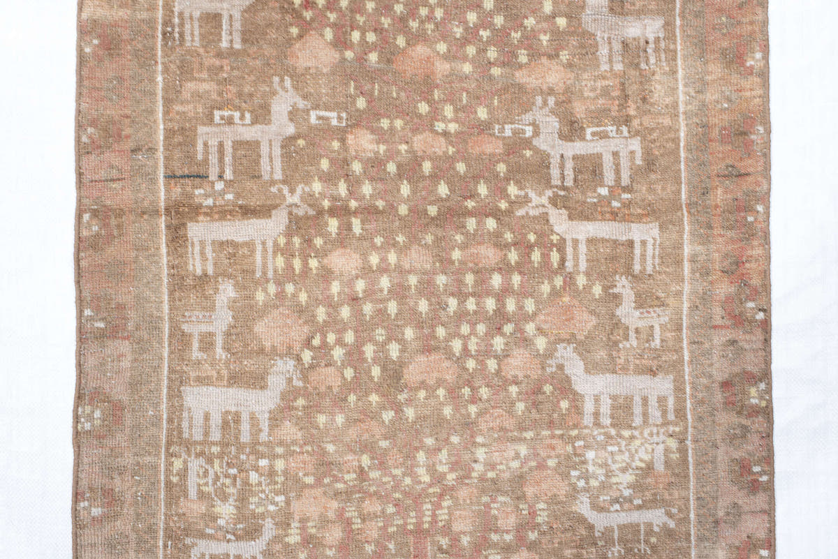 2' x 5' one-of-a-kind handmade vintage Belouch small size rug. Color palette: taupe, ivory, rose, camel, sage, rust, beige
