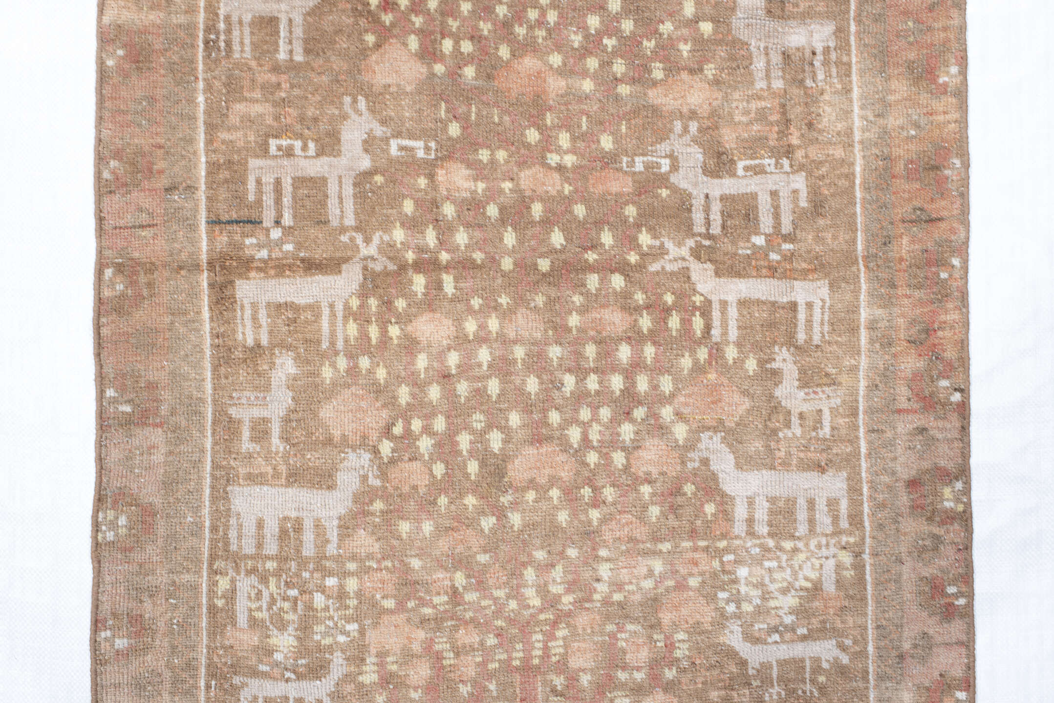 2' x 5' one-of-a-kind handmade vintage Belouch small size rug. Color palette: taupe, ivory, rose, camel, sage, rust, beige
