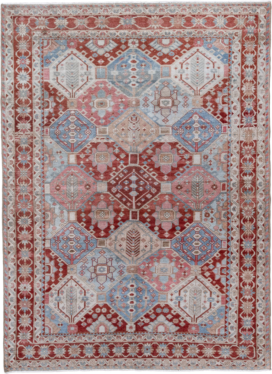 5' x 7' one-of-a-kind handmade antique Baktiary rug. Color palette: rust, ivory, sky_blue, rose, beige, light_blue