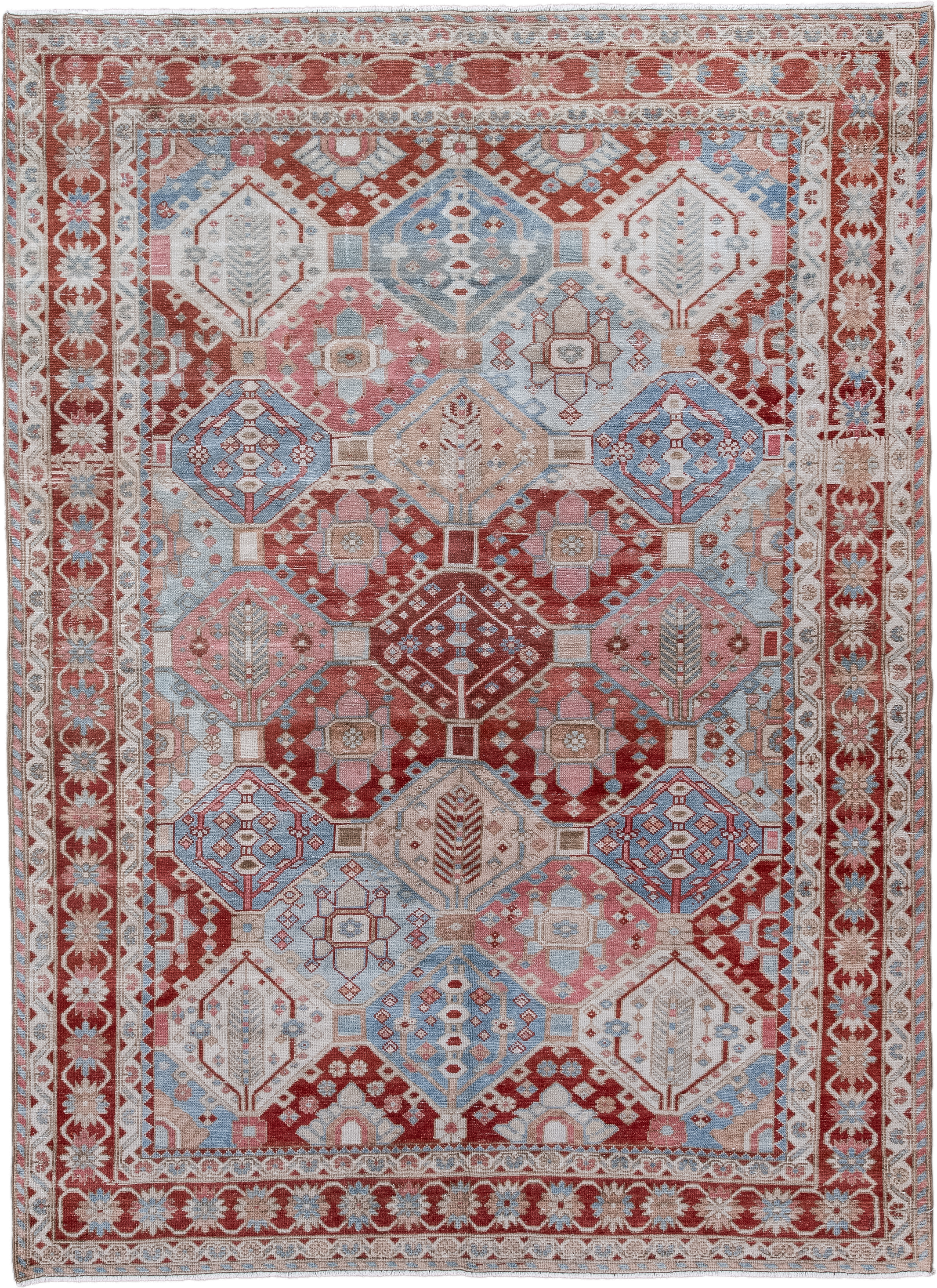 5' x 7' one-of-a-kind handmade antique Baktiary rug. Color palette: rust, ivory, sky_blue, rose, beige, light_blue