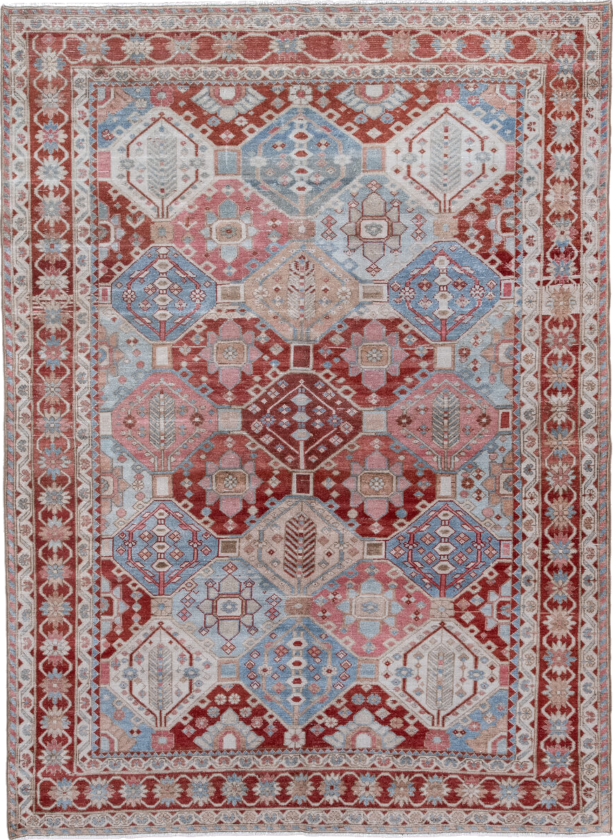 5' x 7' one-of-a-kind handmade vintage Baktiary rug. Color palette: blue, brown, dark gray, dim gray, gainsboro, gray