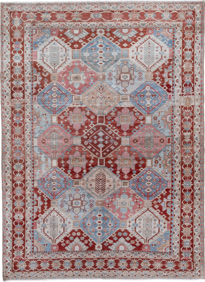 5' x 7' one-of-a-kind handmade vintage Baktiary rug. Color palette: blue, brown, dark gray, dim gray, gainsboro, gray