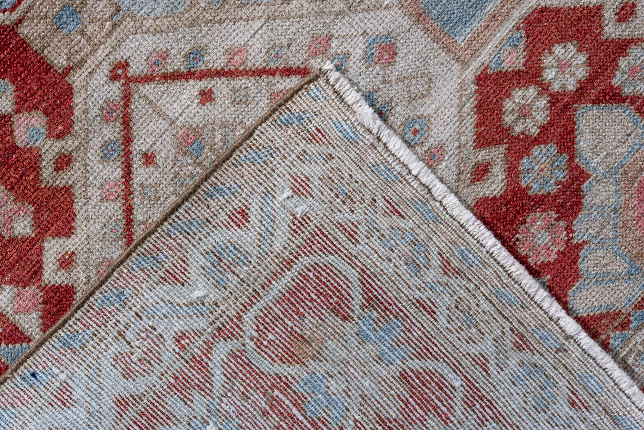 5' x 7' one-of-a-kind handmade antique Baktiary rug. Color palette: rust, ivory, sky_blue, rose, beige, light_blue
