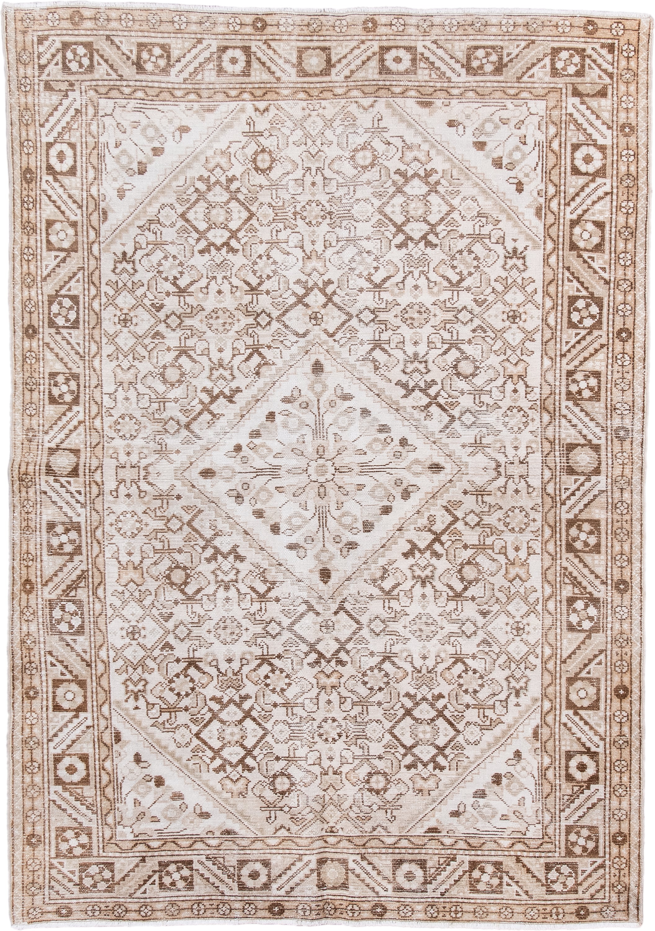 5' x 7' one-of-a-kind handmade antique Hamadan rug. Color palette: ivory, camel, taupe, sand, beige, light brown, gray