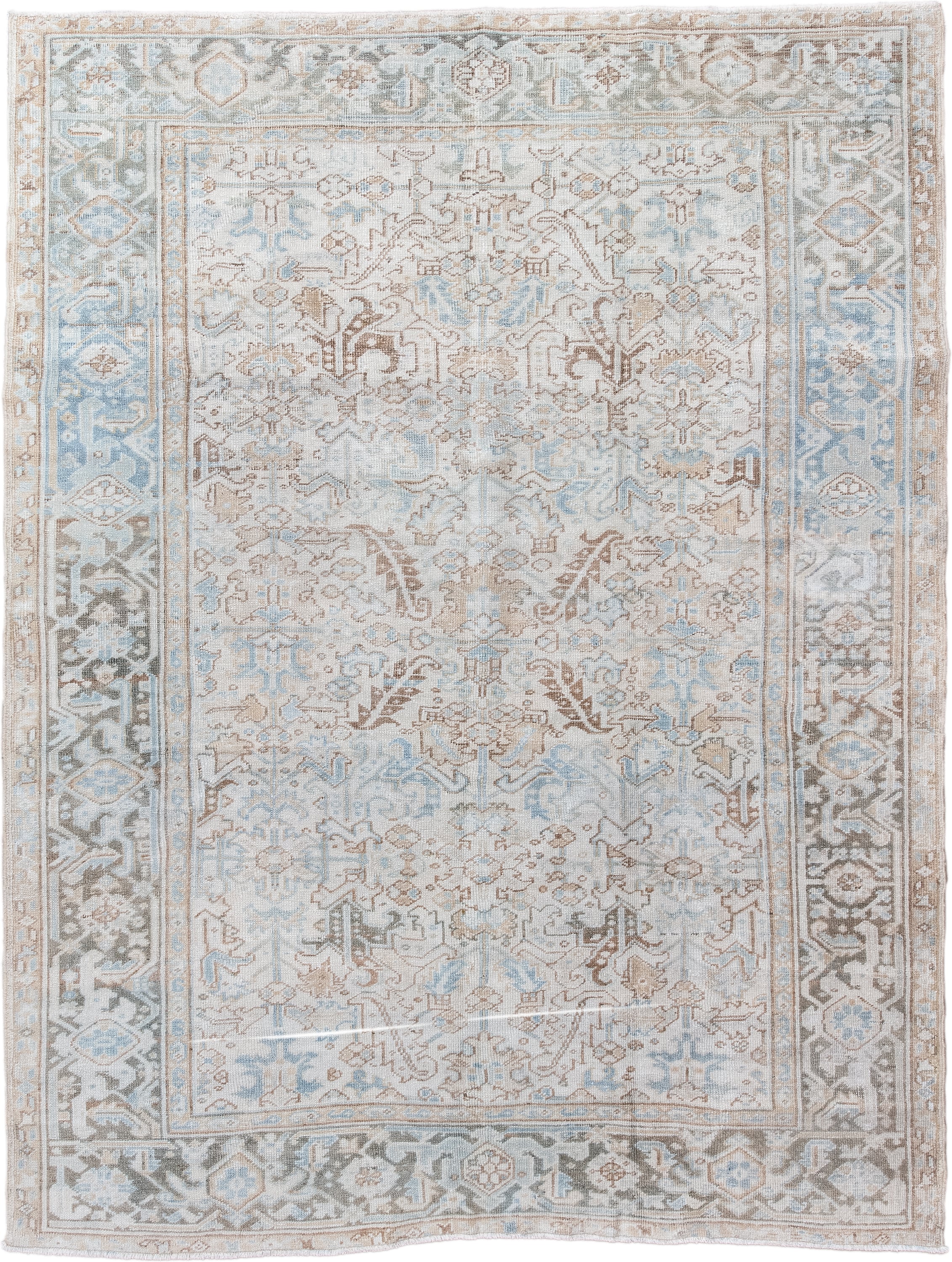 6' x 8' one-of-a-kind handmade antique Heriz medium size rug. Color palette: ivory, powder_blue, taupe, light_brown, beige