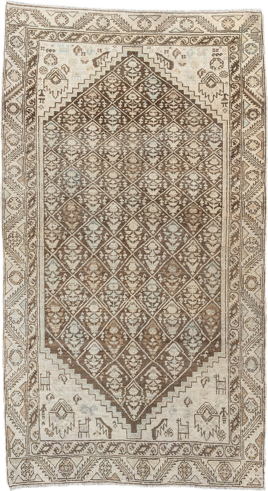 3' x 6' one-of-a-kind handmade antique NW Persian small size rug. Color palette: ivory, taupe, camel, brown, sand, pale blue