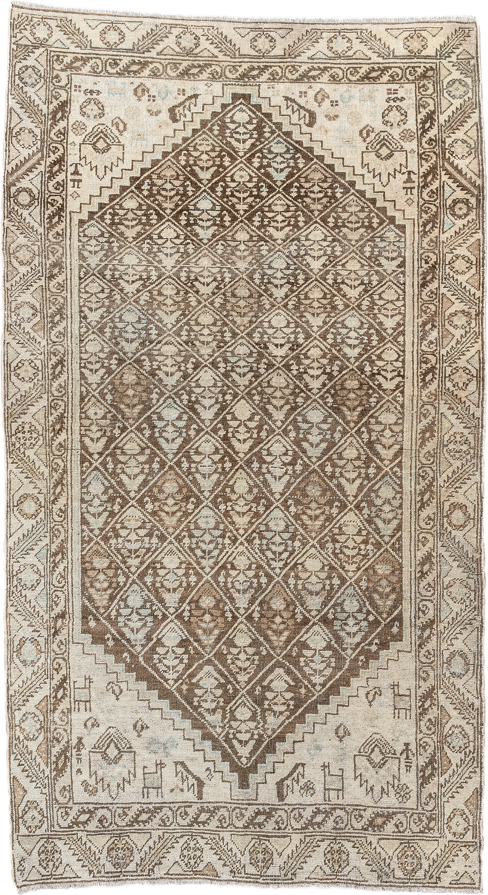 3' x 6' one-of-a-kind handmade antique NW Persian small size rug. Color palette: ivory, taupe, camel, brown, sand, pale blue