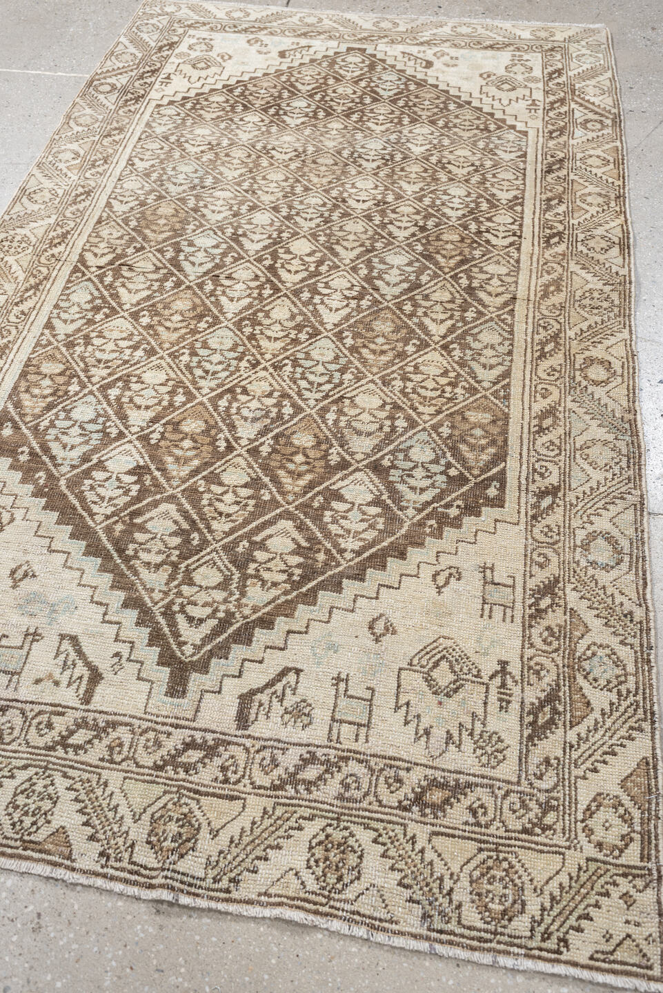 3' x 6' one-of-a-kind handmade antique NW Persian small size rug. Color palette: ivory, taupe, camel, brown, sand, pale blue