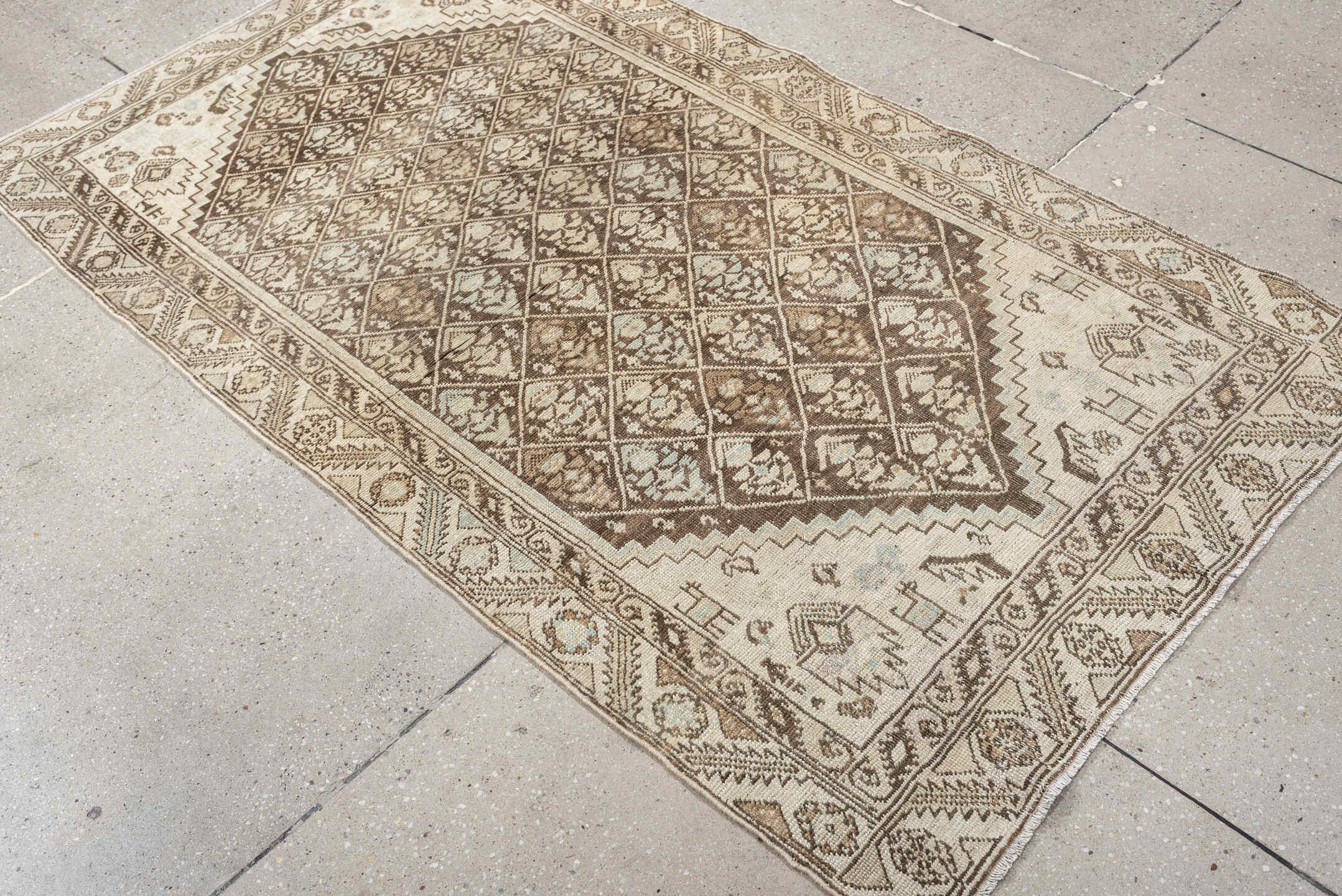 3' x 6' one-of-a-kind handmade antique NW Persian small size rug. Color palette: ivory, taupe, camel, brown, sand, pale blue