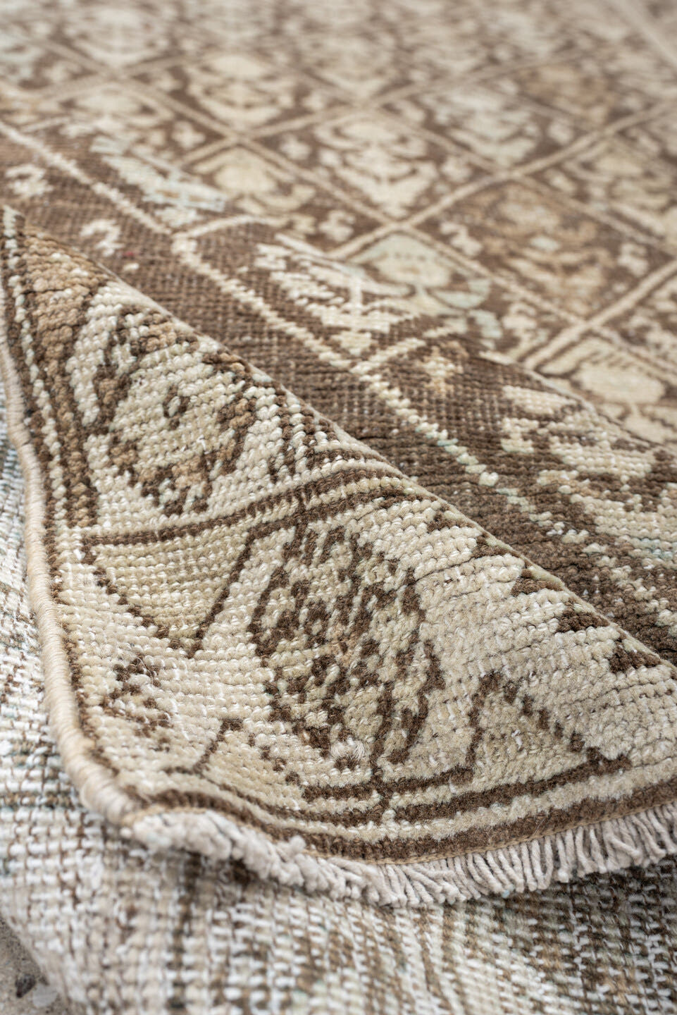 3' x 6' one-of-a-kind handmade antique NW Persian small size rug. Color palette: ivory, taupe, camel, brown, sand, pale blue