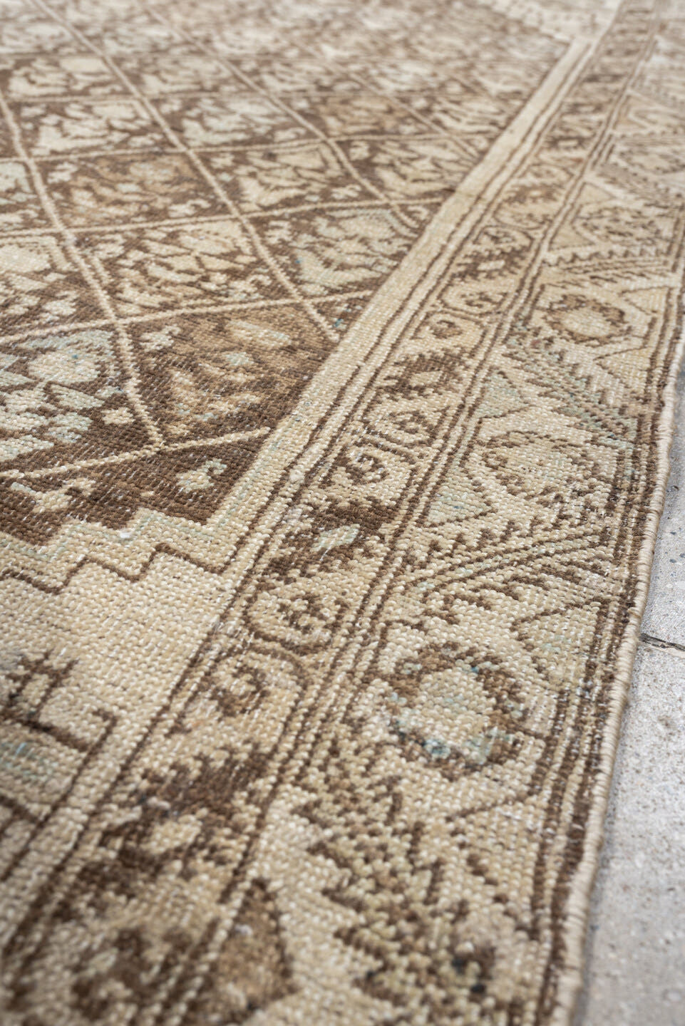 3' x 6' one-of-a-kind handmade antique NW Persian small size rug. Color palette: ivory, taupe, camel, brown, sand, pale blue