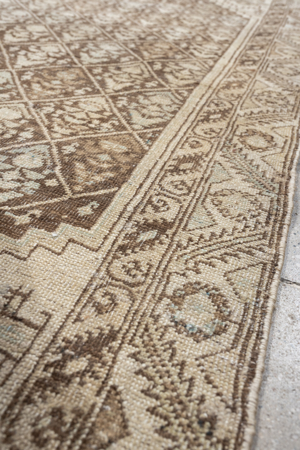 3' x 6' one-of-a-kind handmade antique NW Persian small size rug. Color palette: ivory, taupe, camel, brown, sand, pale blue