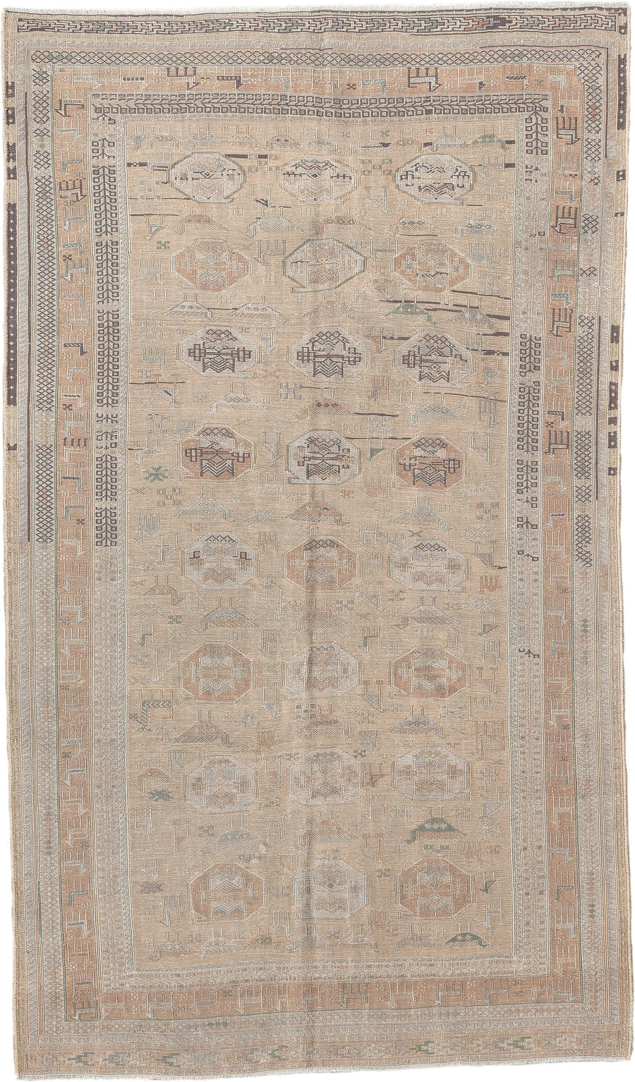 3' x 6' one-of-a-kind handmade antique Sumak small size rug. Color palette: camel, ivory, taupe, dusty rose, blue green