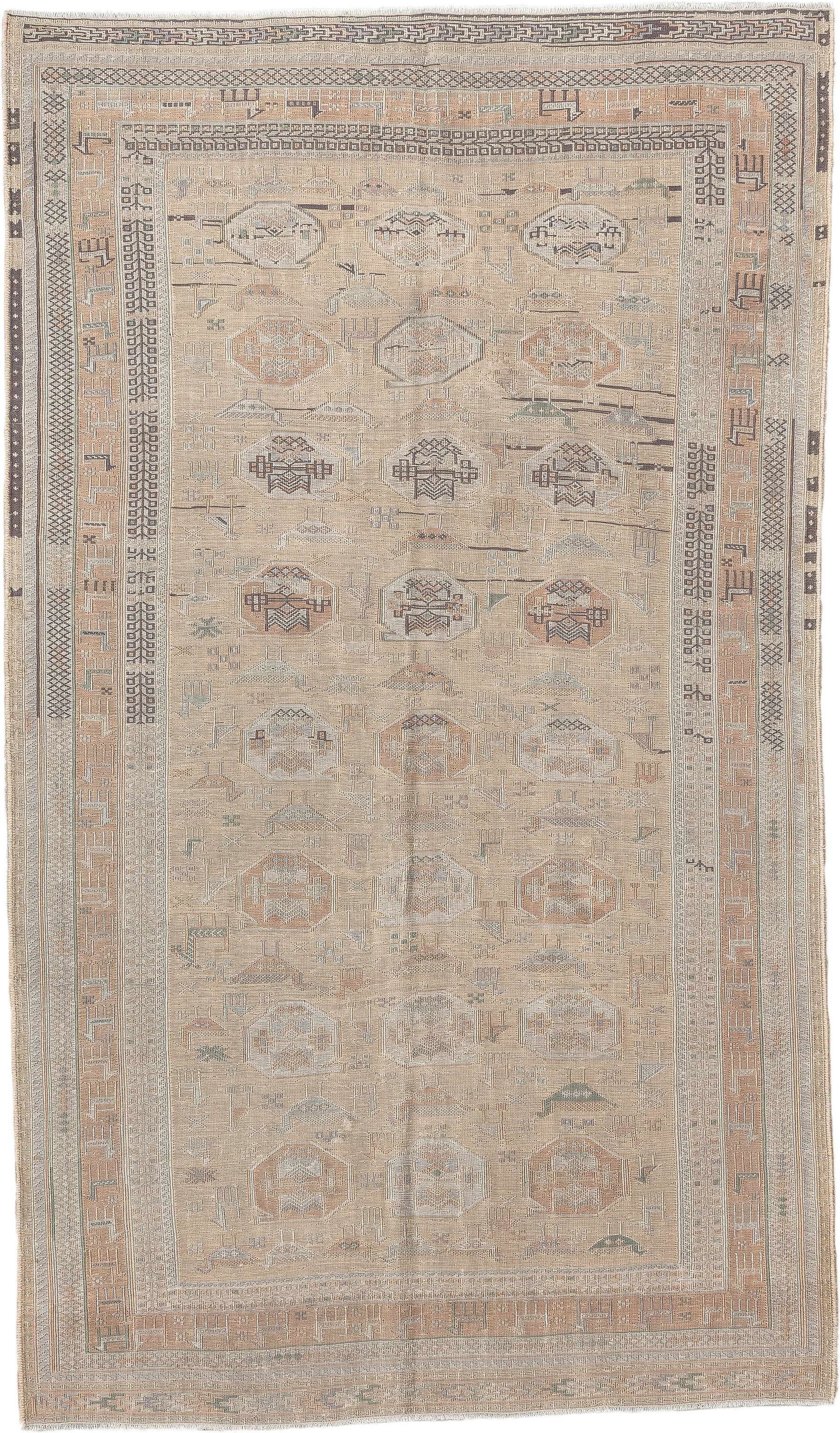 3' x 6' one-of-a-kind handmade antique Sumak small size rug. Color palette: camel, ivory, taupe, dusty rose, blue green