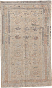 3' x 6' one-of-a-kind handmade antique Sumak small size rug. Color palette: camel, ivory, taupe, dusty rose, blue green