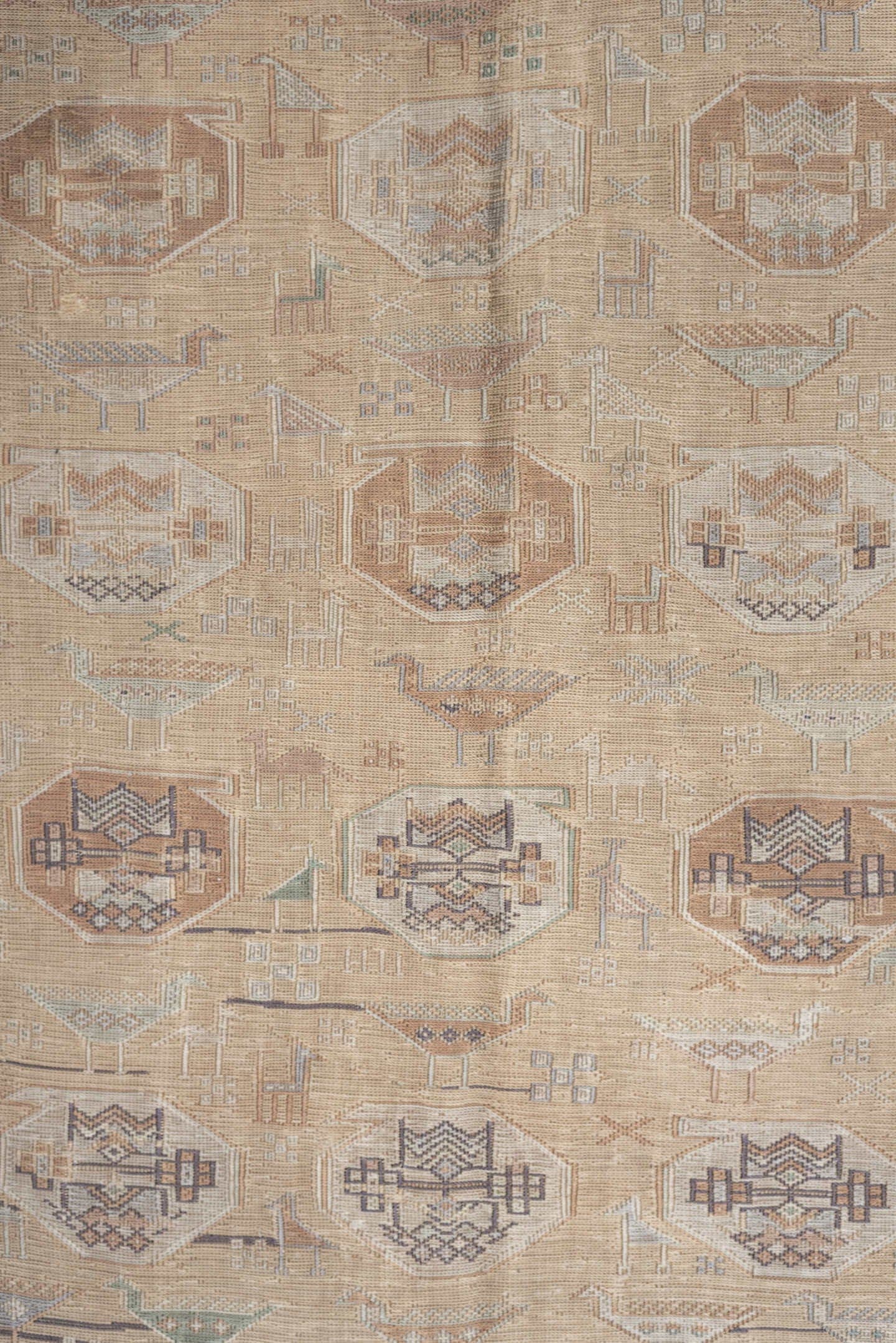 3' x 6' one-of-a-kind handmade antique Sumak small size rug. Color palette: camel, ivory, taupe, dusty rose, blue green