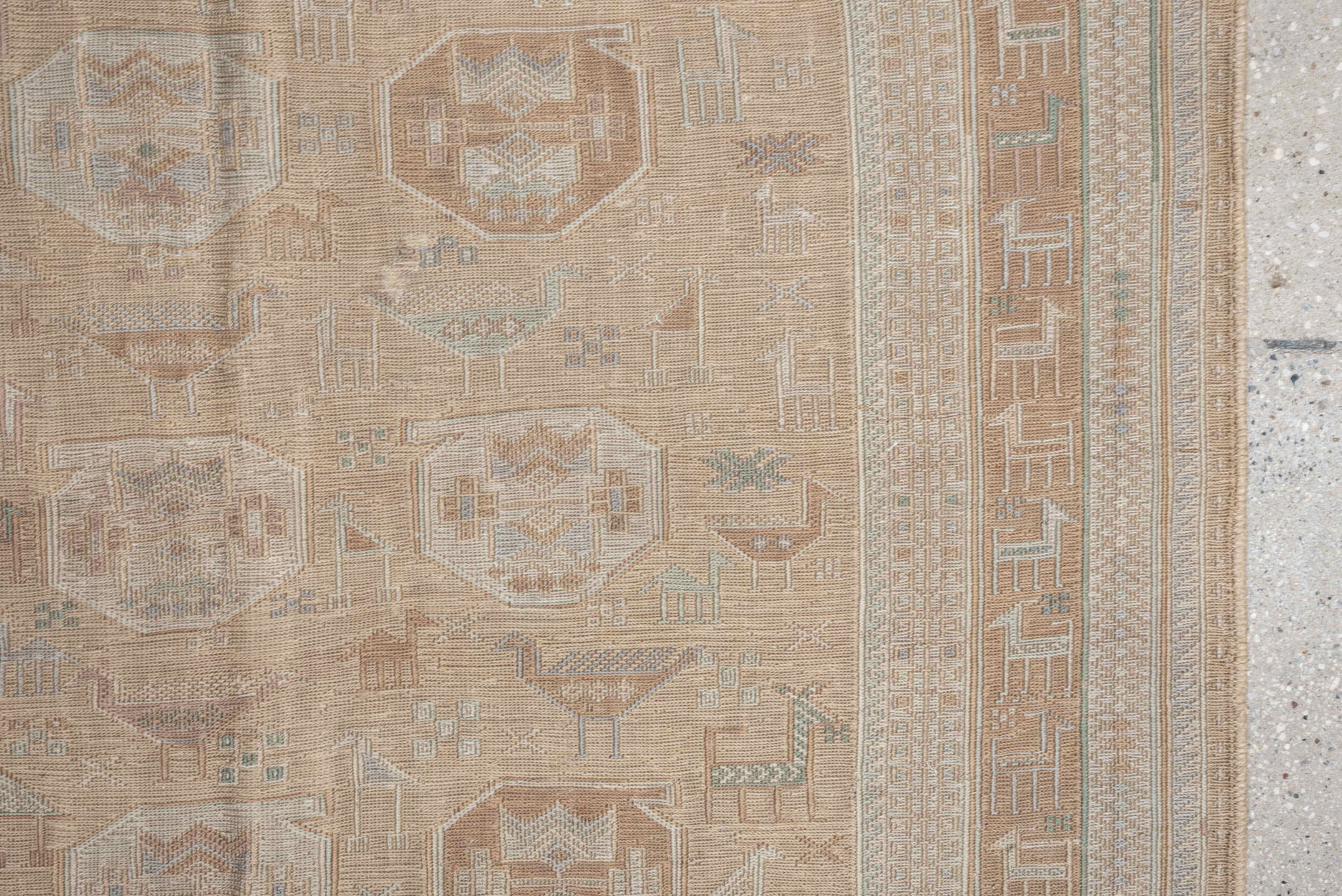3' x 6' one-of-a-kind handmade antique Sumak small size rug. Color palette: camel, ivory, taupe, dusty rose, blue green
