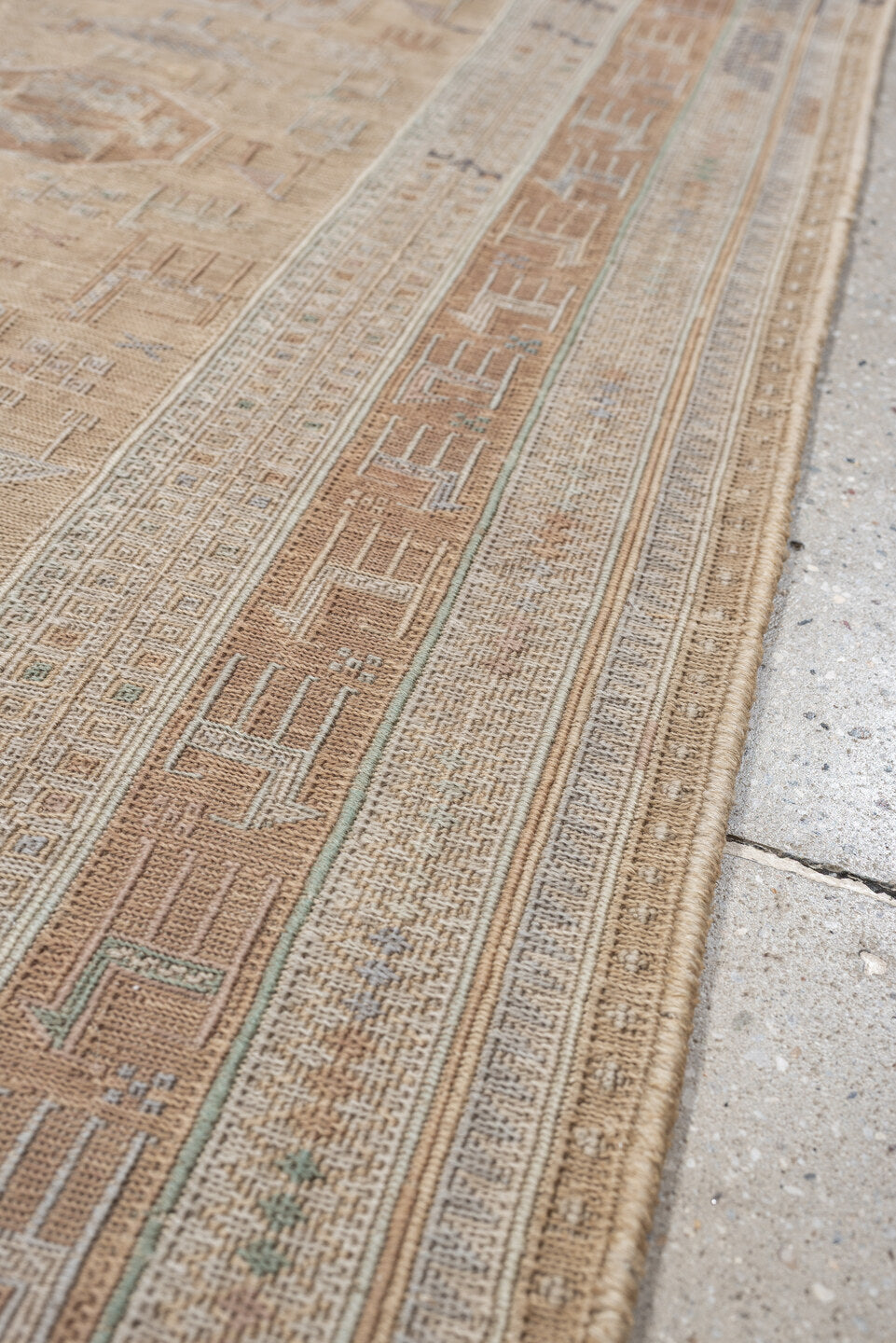 3' x 6' one-of-a-kind handmade antique Sumak small size rug. Color palette: camel, ivory, taupe, dusty rose, blue green