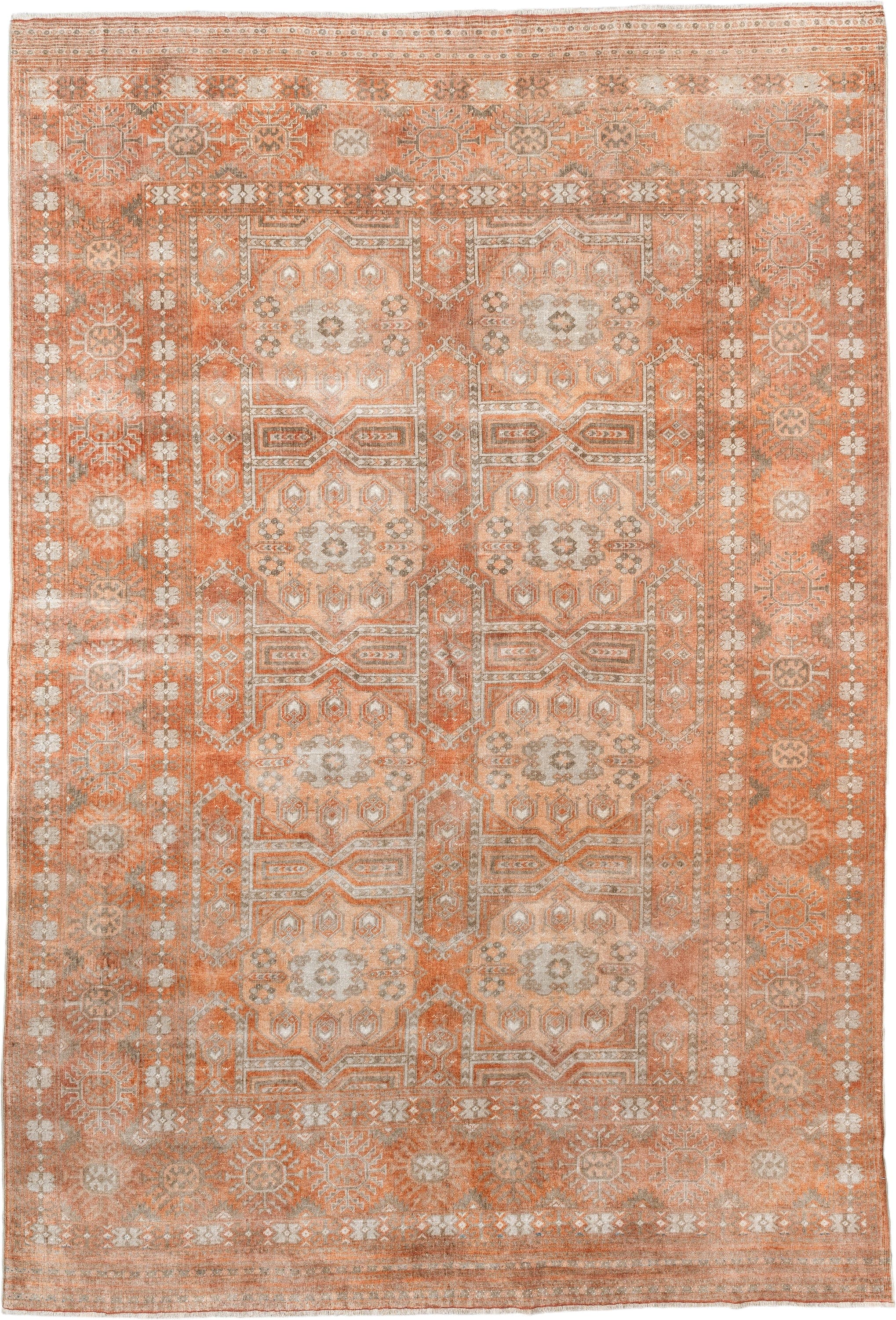5' x 8' one-of-a-kind handmade antique Bokara medium size rug. Color palette: terra cotta, ivory, taupe, camel, sage