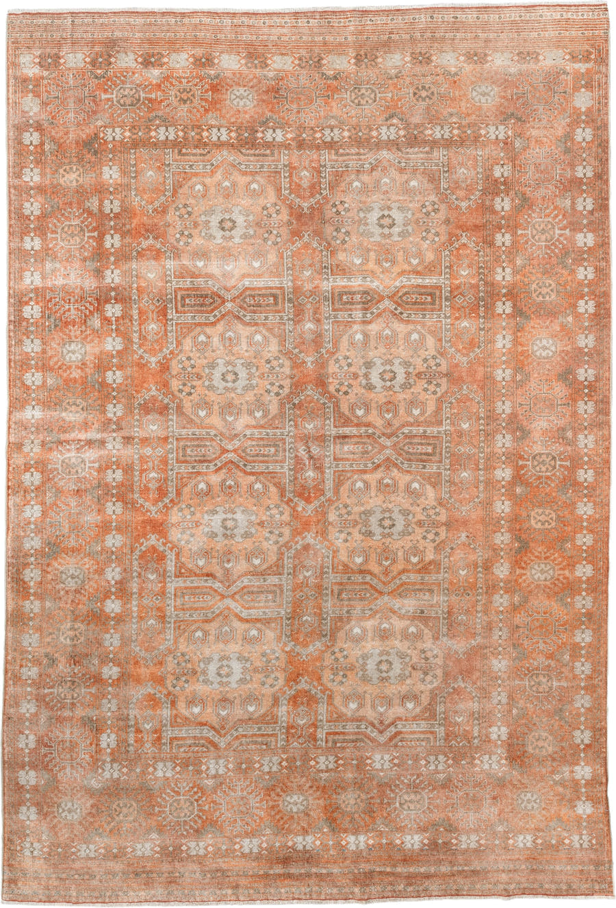 5' x 8' one-of-a-kind handmade antique Bokara medium size rug. Color palette: terra cotta, ivory, taupe, camel, sage