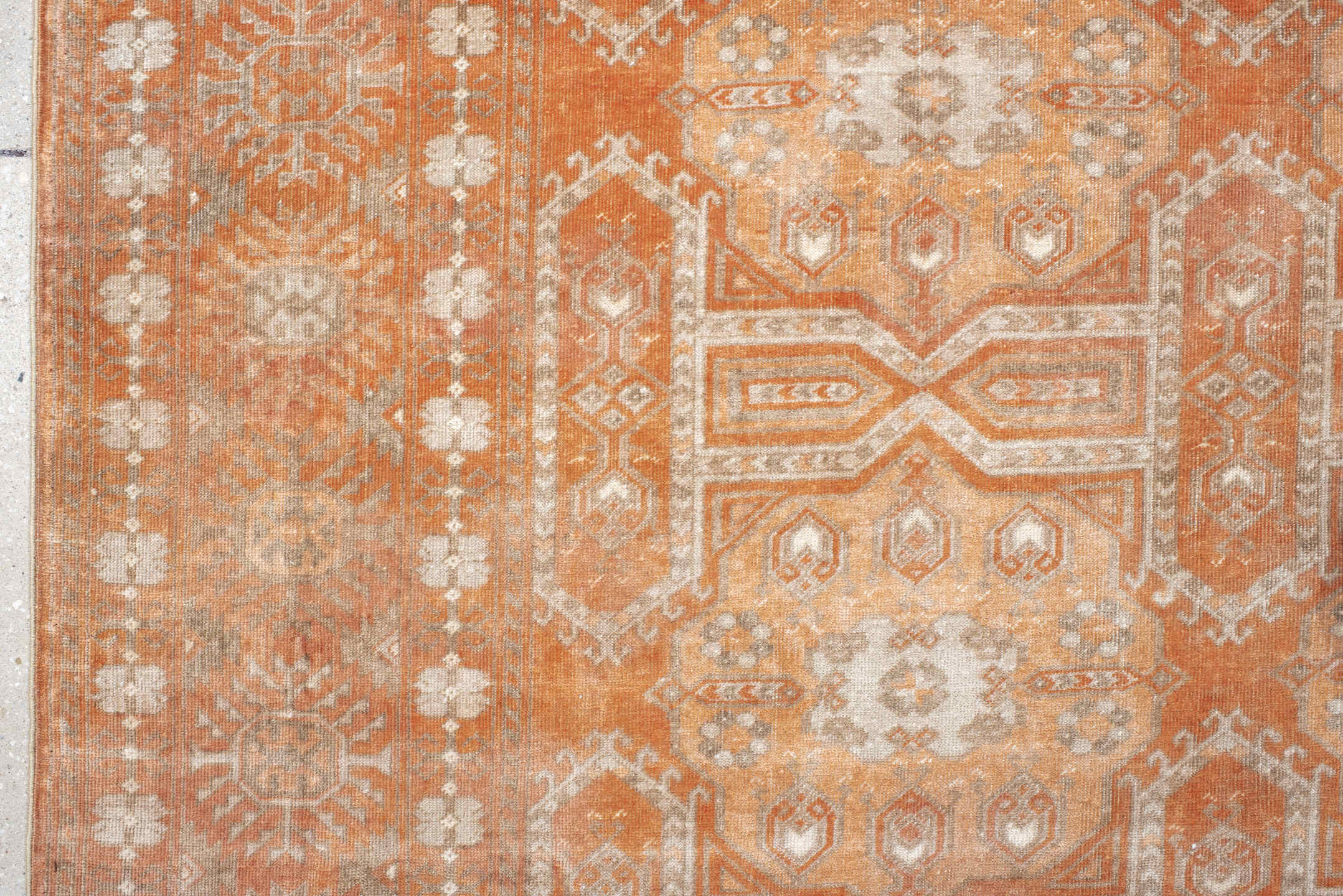 5' x 8' one-of-a-kind handmade antique Bokara medium size rug. Color palette: terra cotta, ivory, taupe, camel, sage