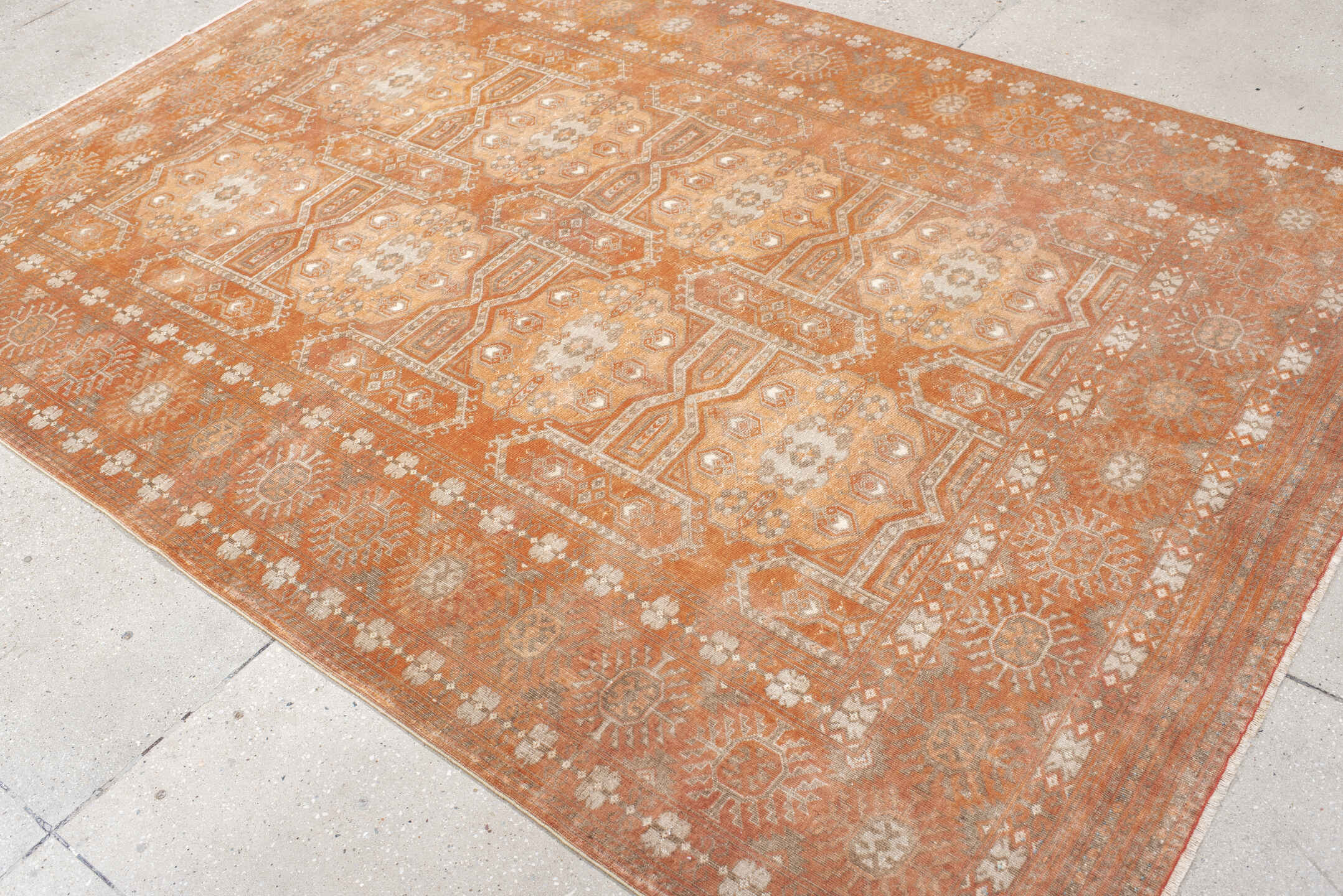 5' x 8' one-of-a-kind handmade antique Bokara medium size rug. Color palette: terra cotta, ivory, taupe, camel, sage