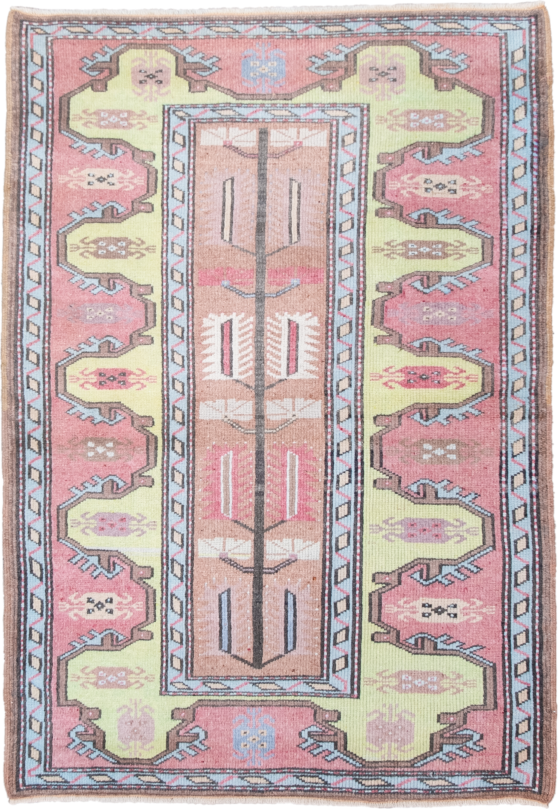 2' x 4' one-of-a-kind handmade antique Anatolian small size rug. Color palette: blush, pale_yellow, sky_blue, brown, ivory