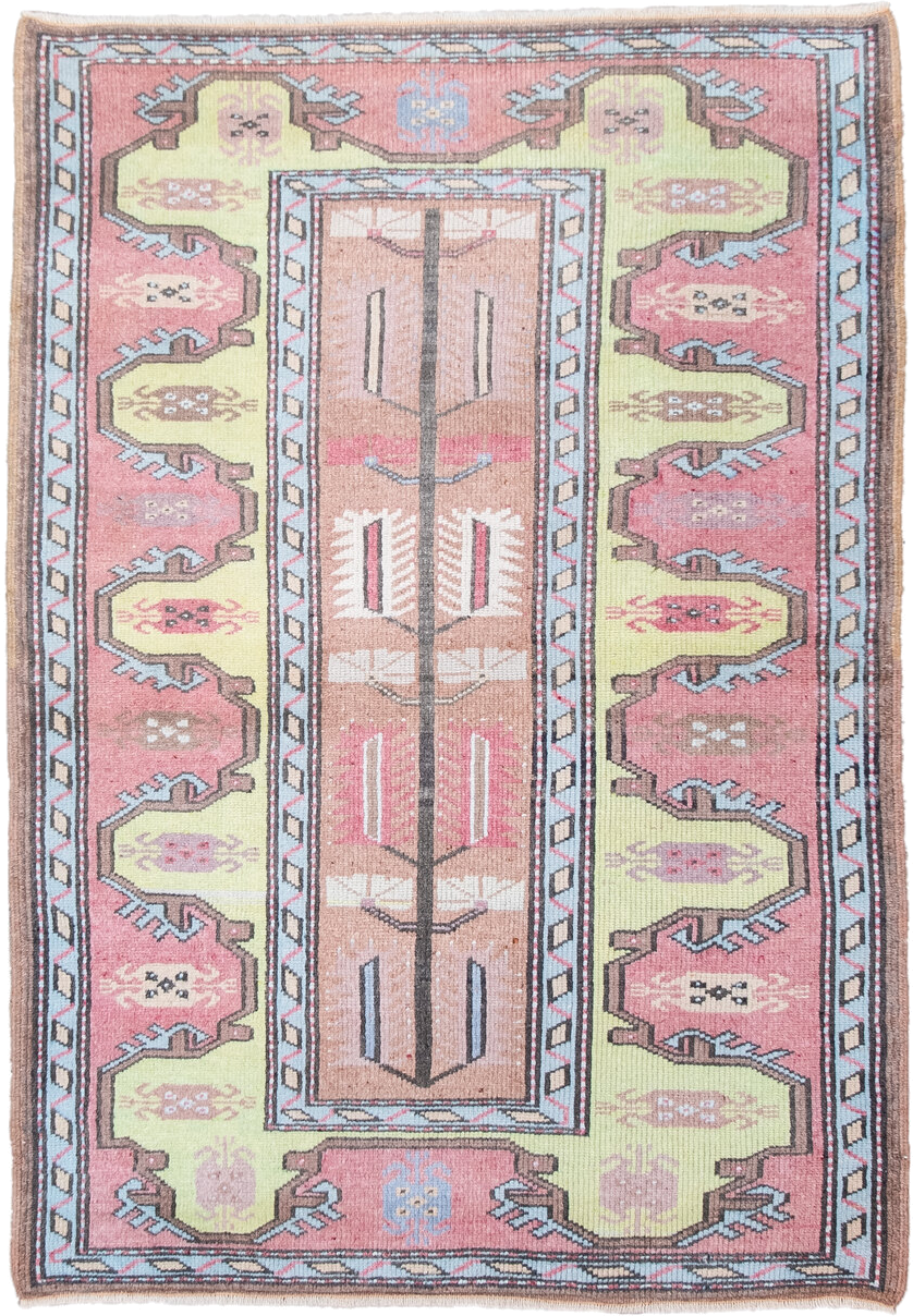 2' x 4' one-of-a-kind handmade antique Anatolian small size rug. Color palette: blush, pale_yellow, sky_blue, brown, ivory