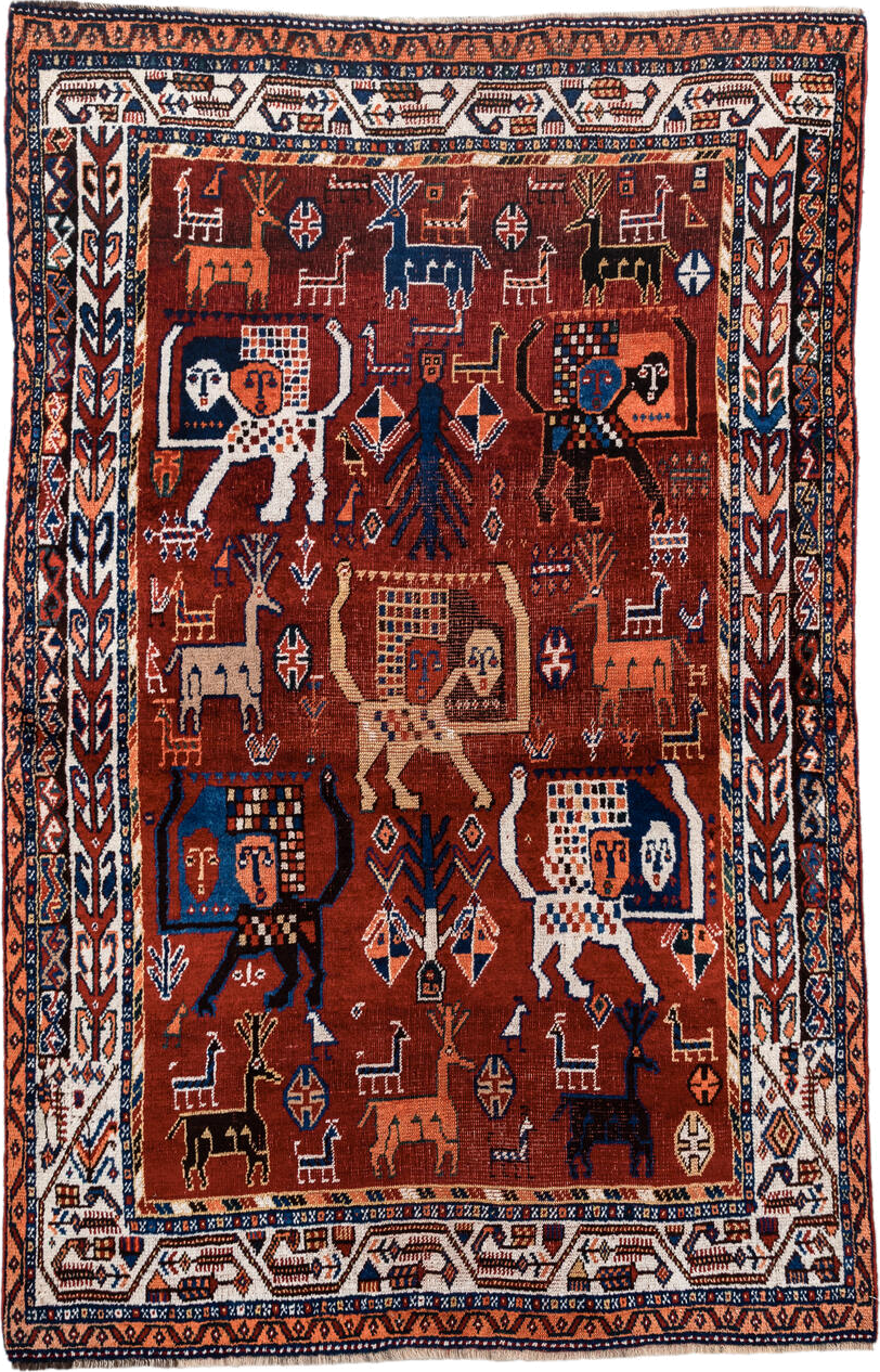 4' x 6' one-of-a-kind handmade antique Shiraz small size rug. Color palette: rust, ivory, navy, coral, camel, indigo, black