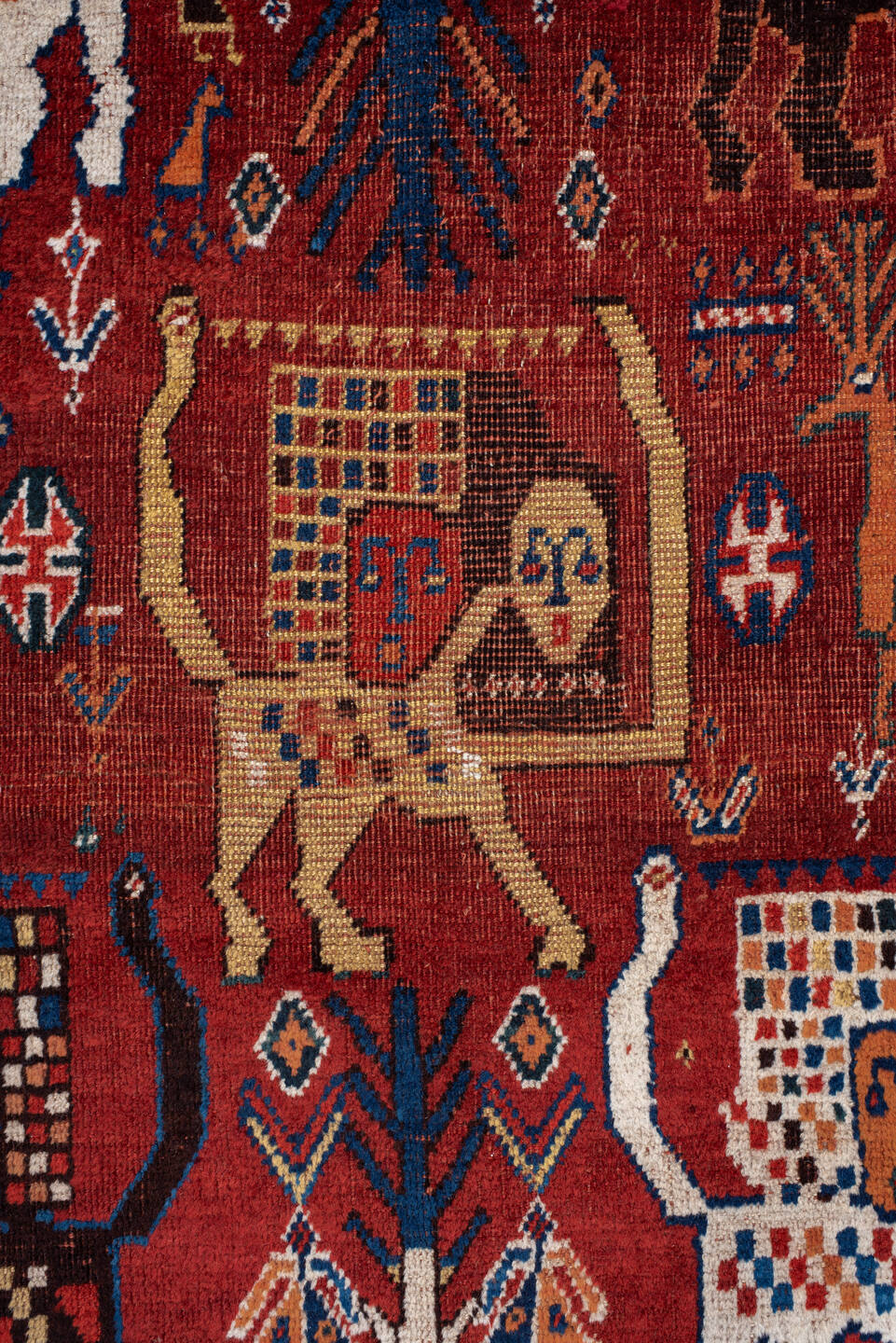 4' x 6' one-of-a-kind handmade antique Shiraz small size rug. Color palette: rust, ivory, navy, coral, camel, indigo, black