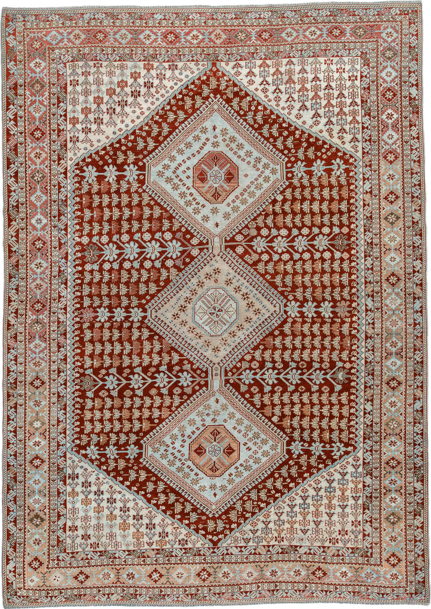 6' x 9' one-of-a-kind handmade vintage Shiraz medium size rug. Color palette: brown, gray, light gray, off-white, orange
