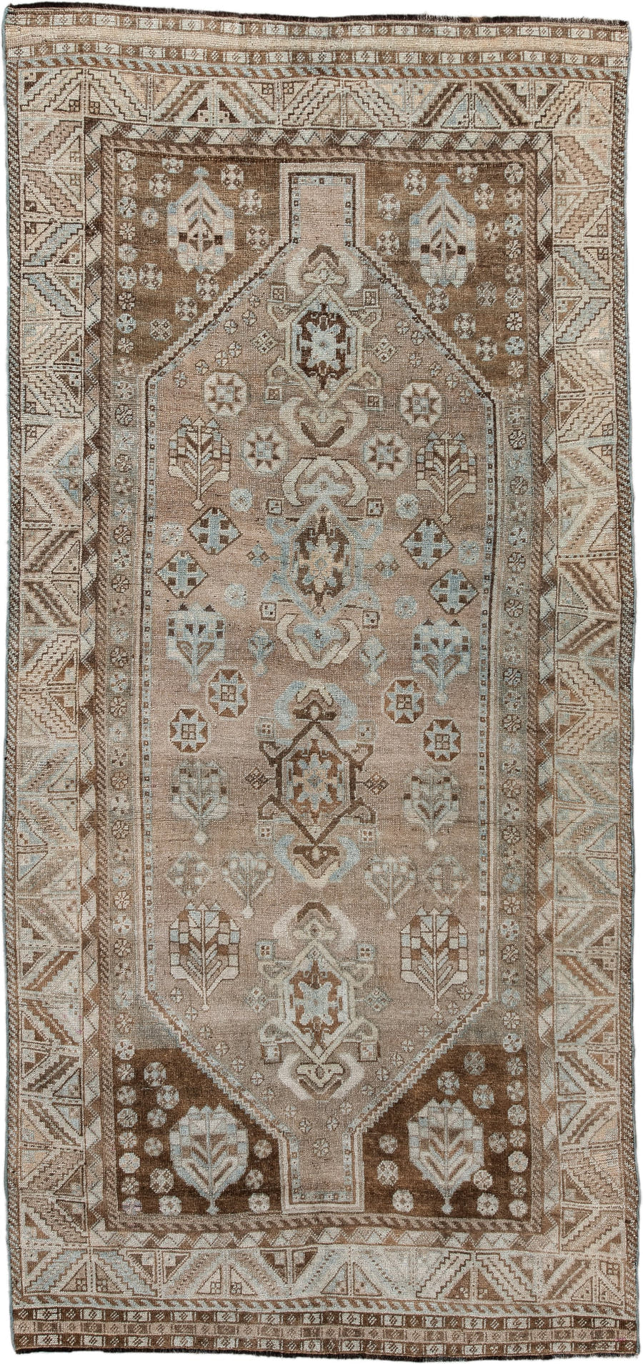 4' x 8' one-of-a-kind handmade vintage NW Persian runner rug. Color palette: taupe, ivory, brown, pale blue, camel, charcoal