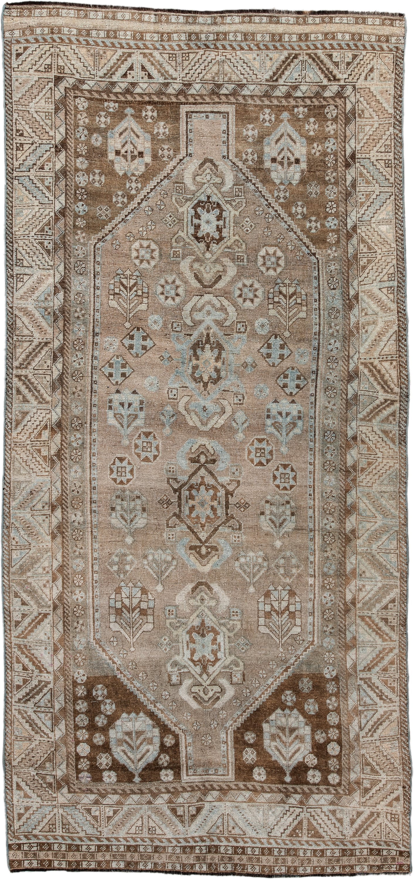 4' x 8' one-of-a-kind handmade vintage NW Persian runner rug. Color palette: taupe, ivory, brown, pale blue, camel, charcoal