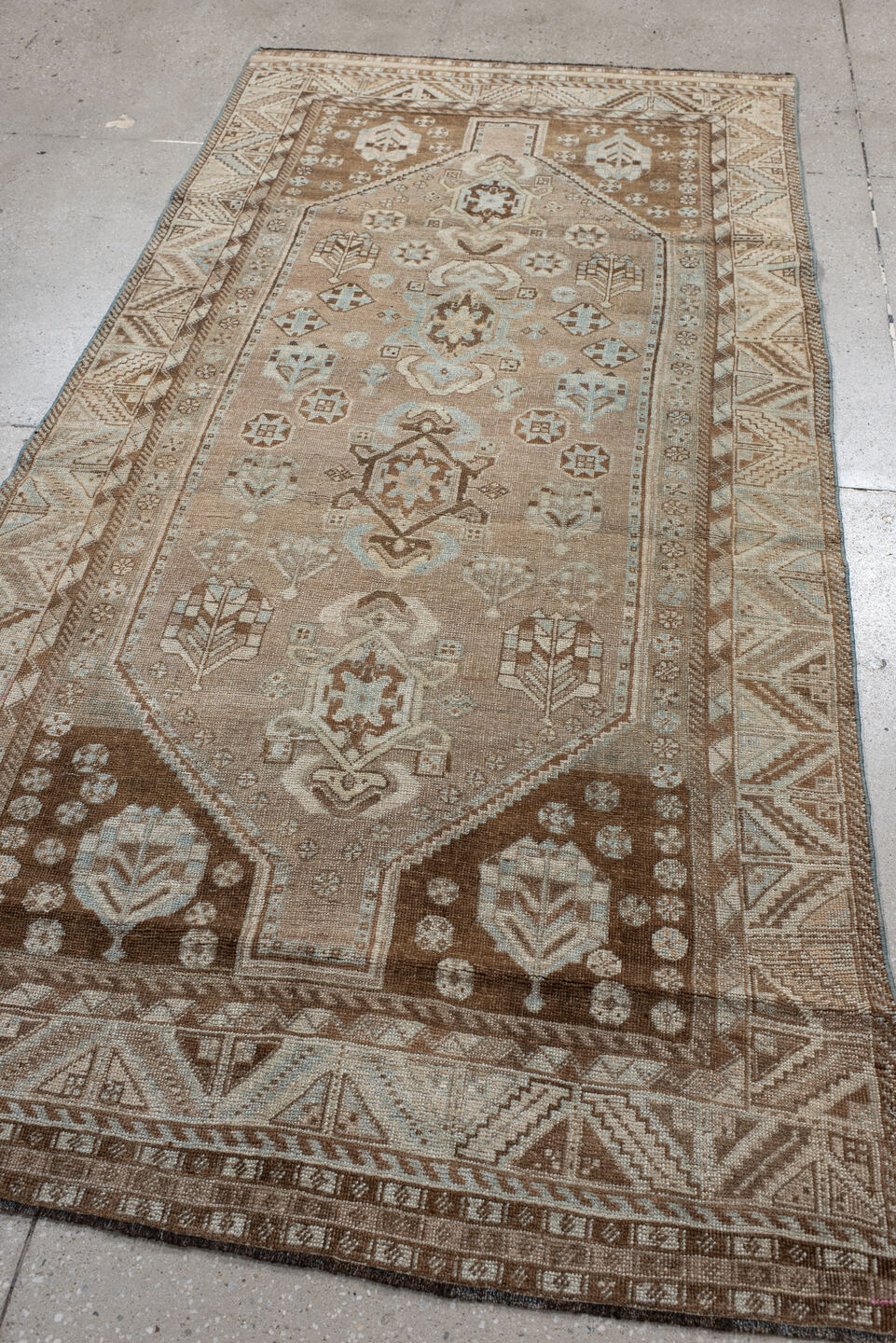 4' x 8' one-of-a-kind handmade vintage NW Persian runner rug. Color palette: taupe, ivory, brown, pale blue, camel, charcoal