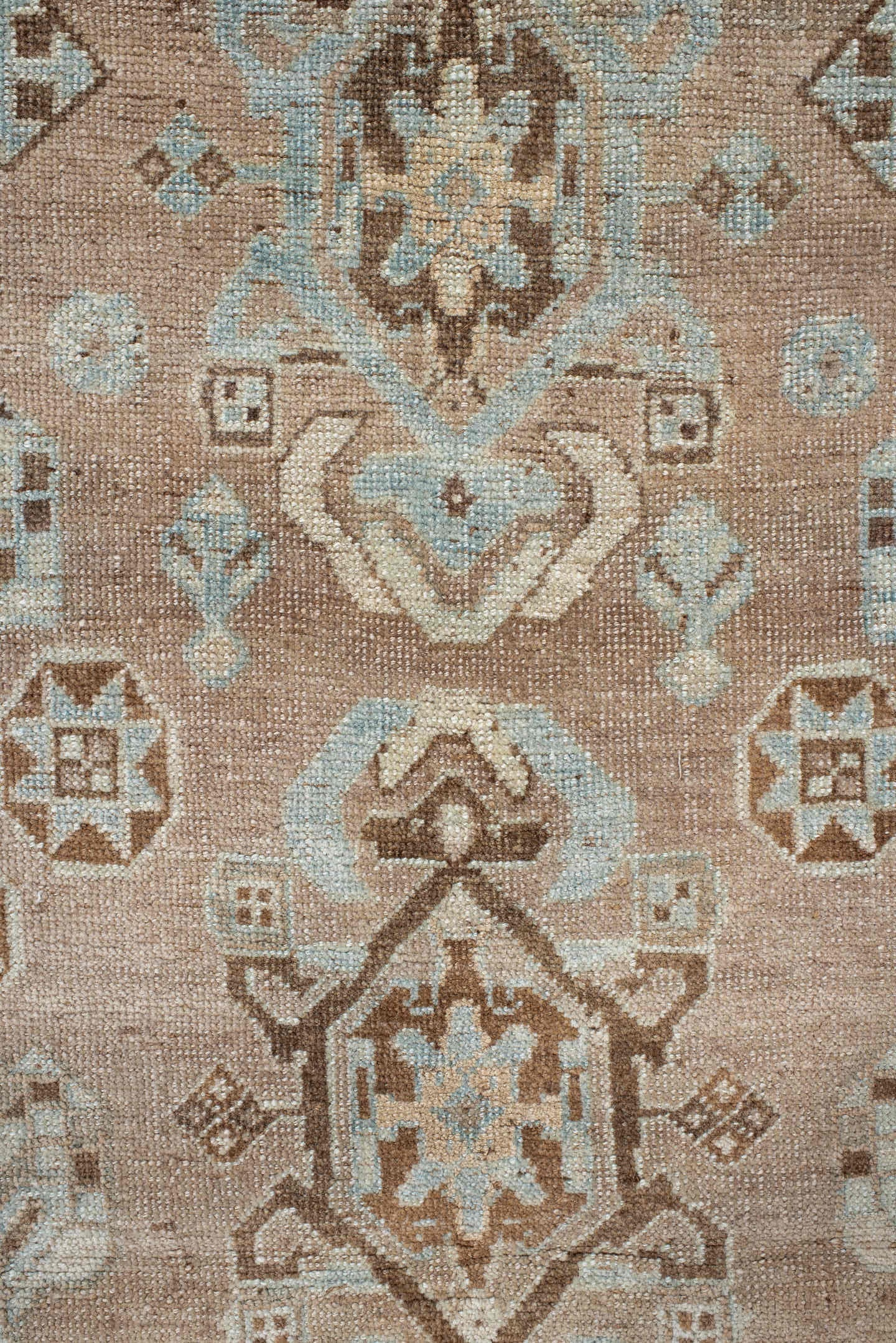 4' x 8' one-of-a-kind handmade vintage NW Persian runner rug. Color palette: taupe, ivory, brown, pale blue, camel, charcoal